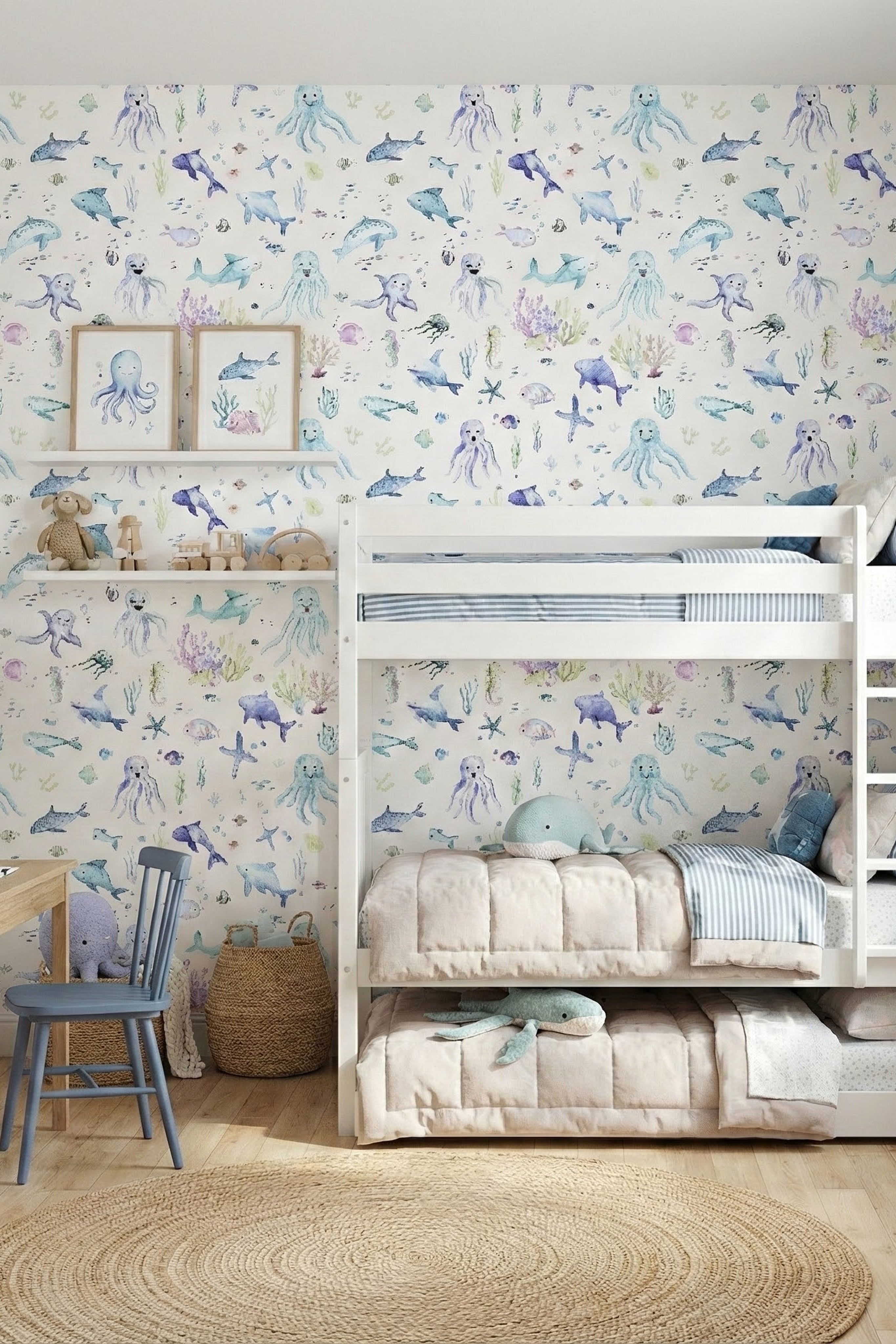 Deep Sea Play wallpaper shown in a bunk room