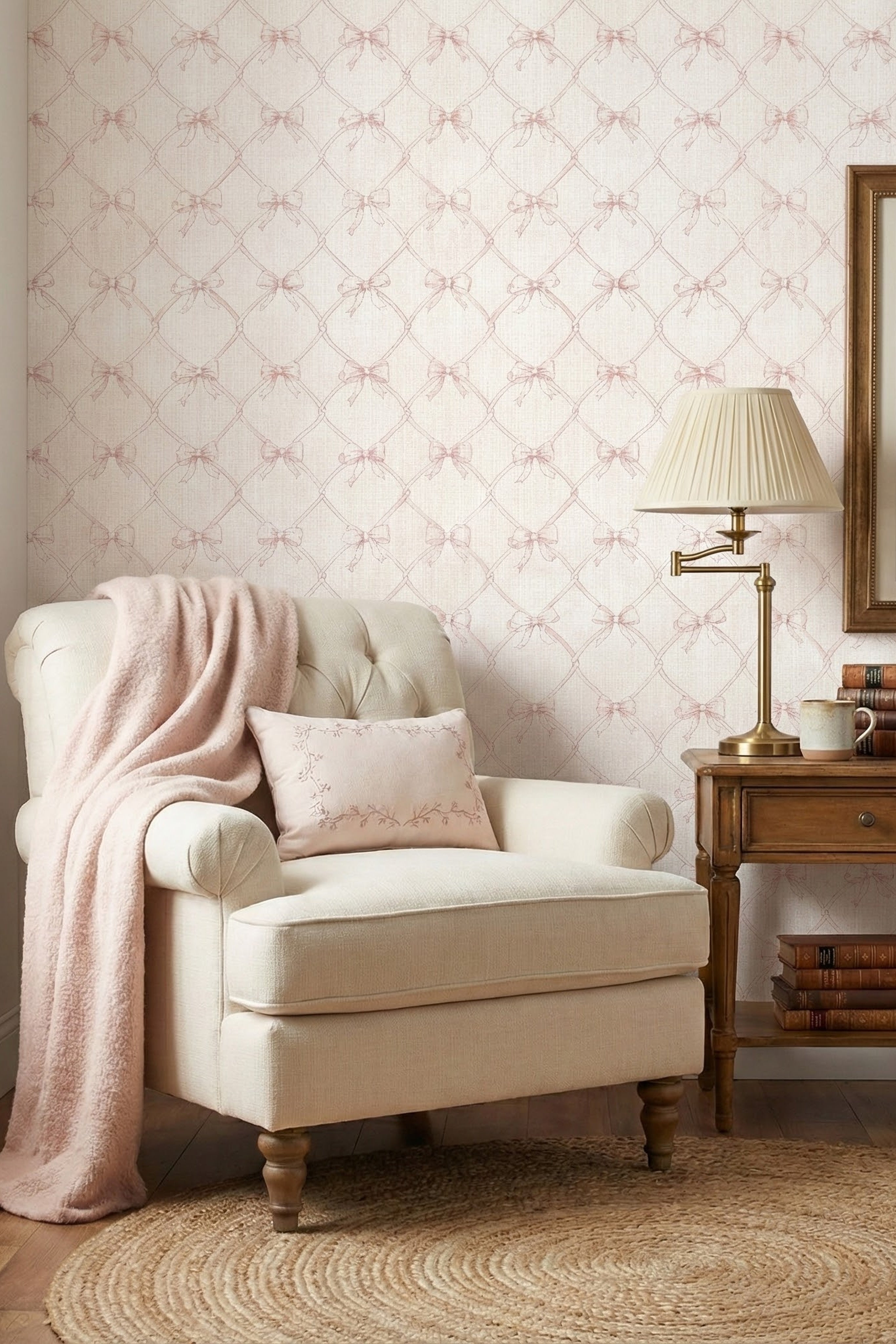 Blush Bow wallpaper shown in a reading corner