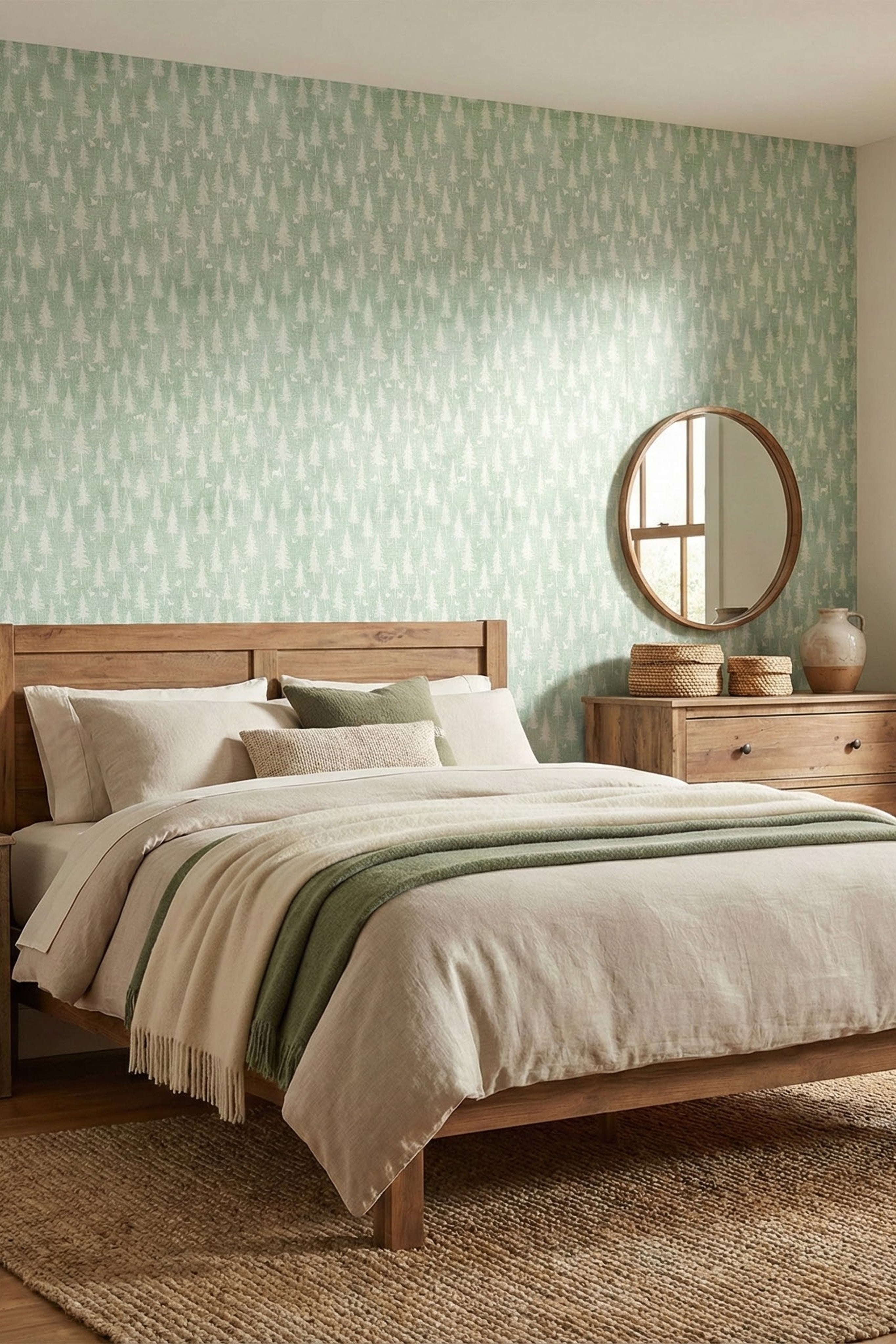 Sage Woodland wallpaper shown in a bedroom