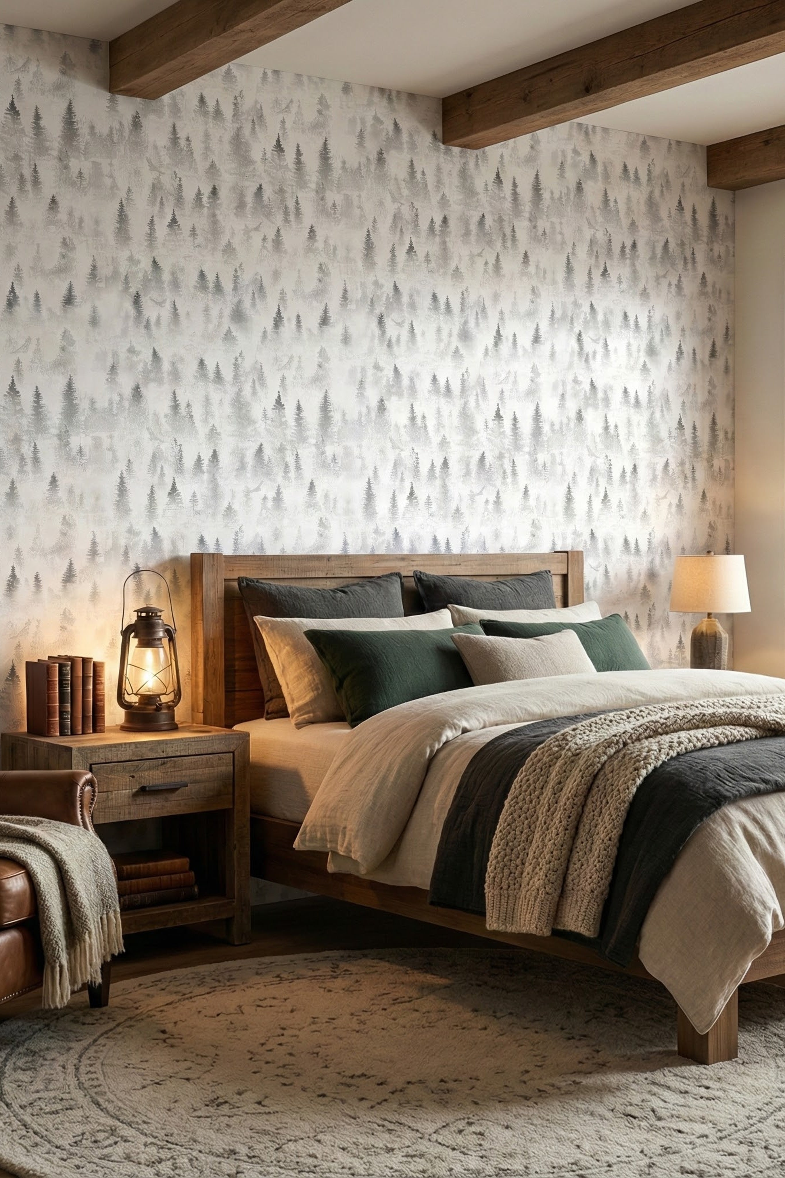 Pine Mist wallpaper shown in a bedroom
