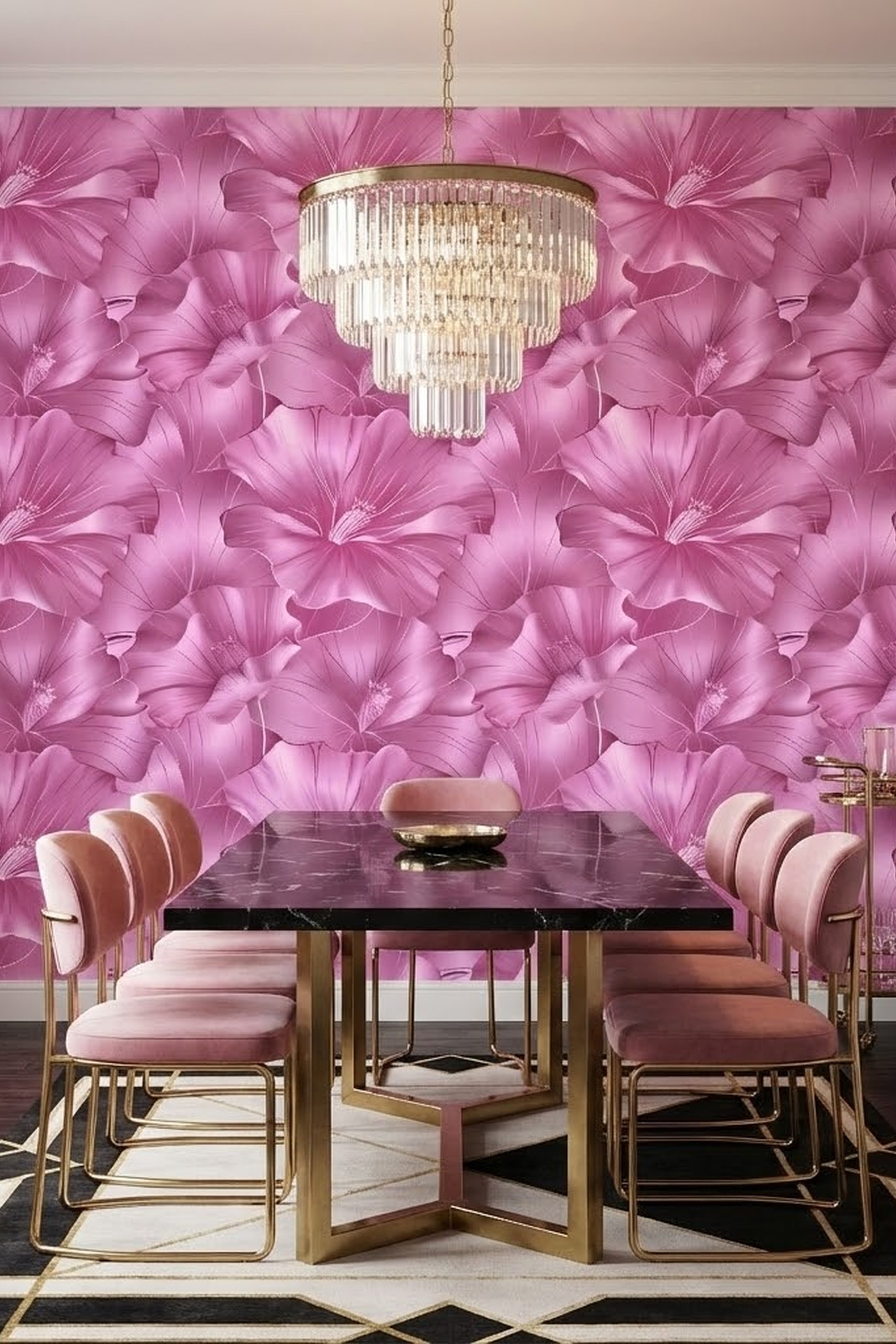 Rose Marquee wallpaper shown in a dining room