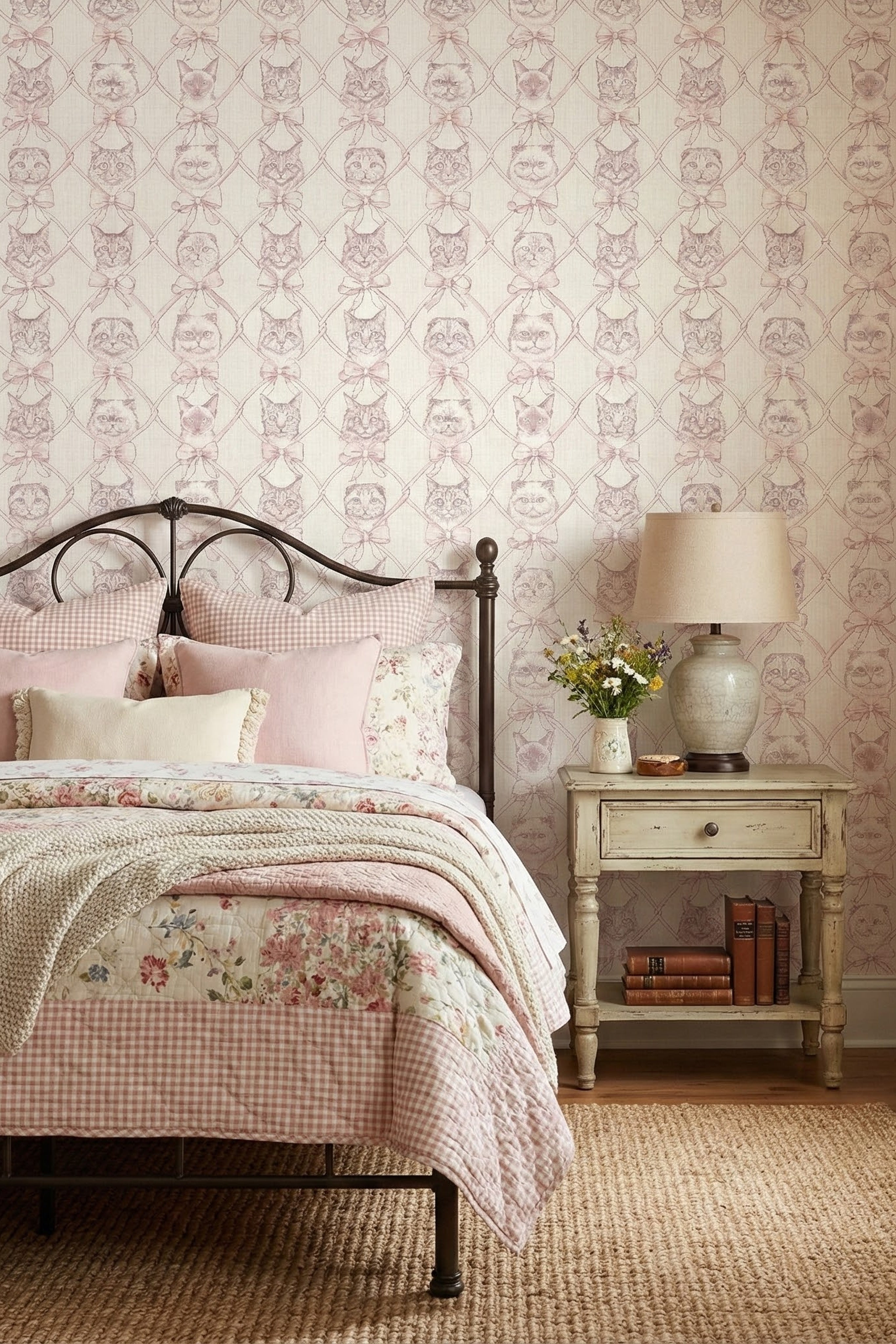 Kitty Bow wallpaper shown in a bedroom