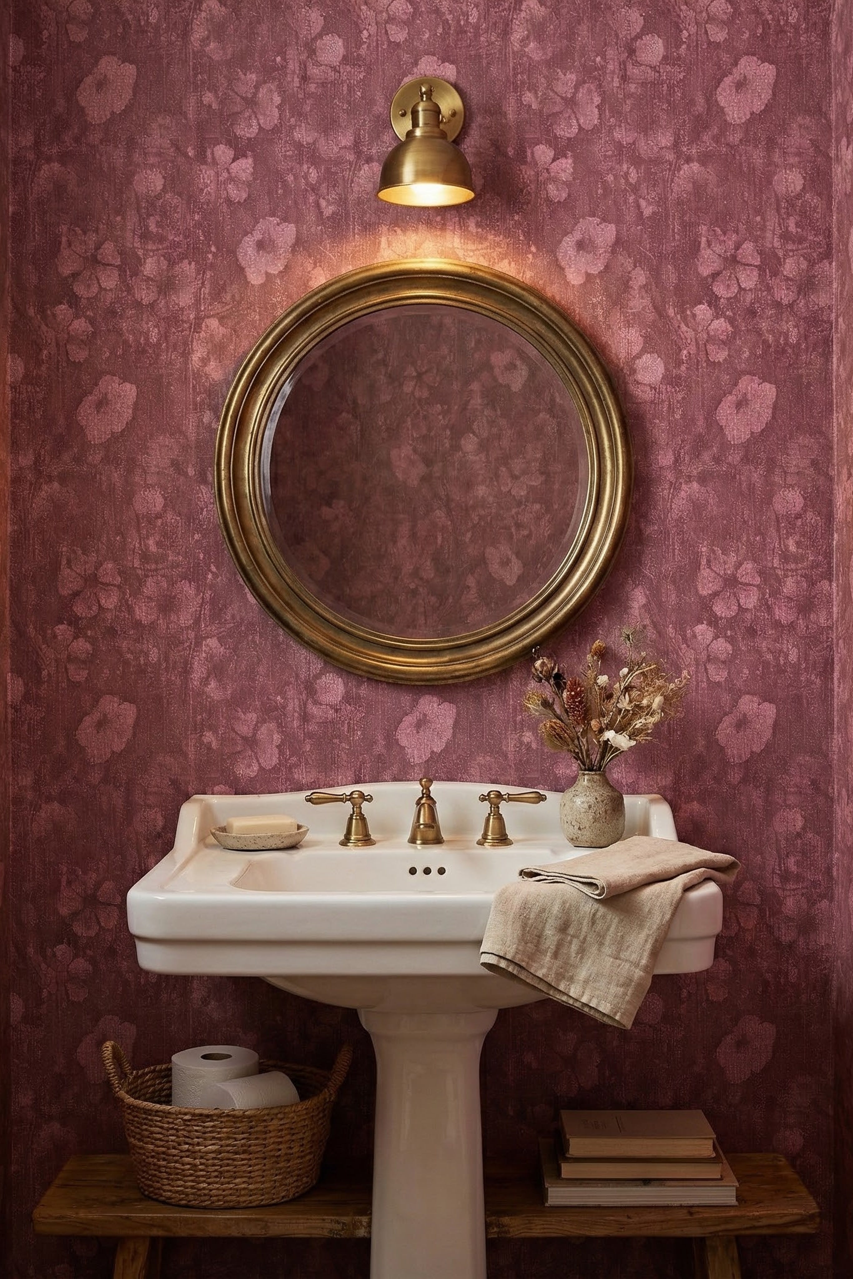 Rose & Denim wallpaper shown in a powder room