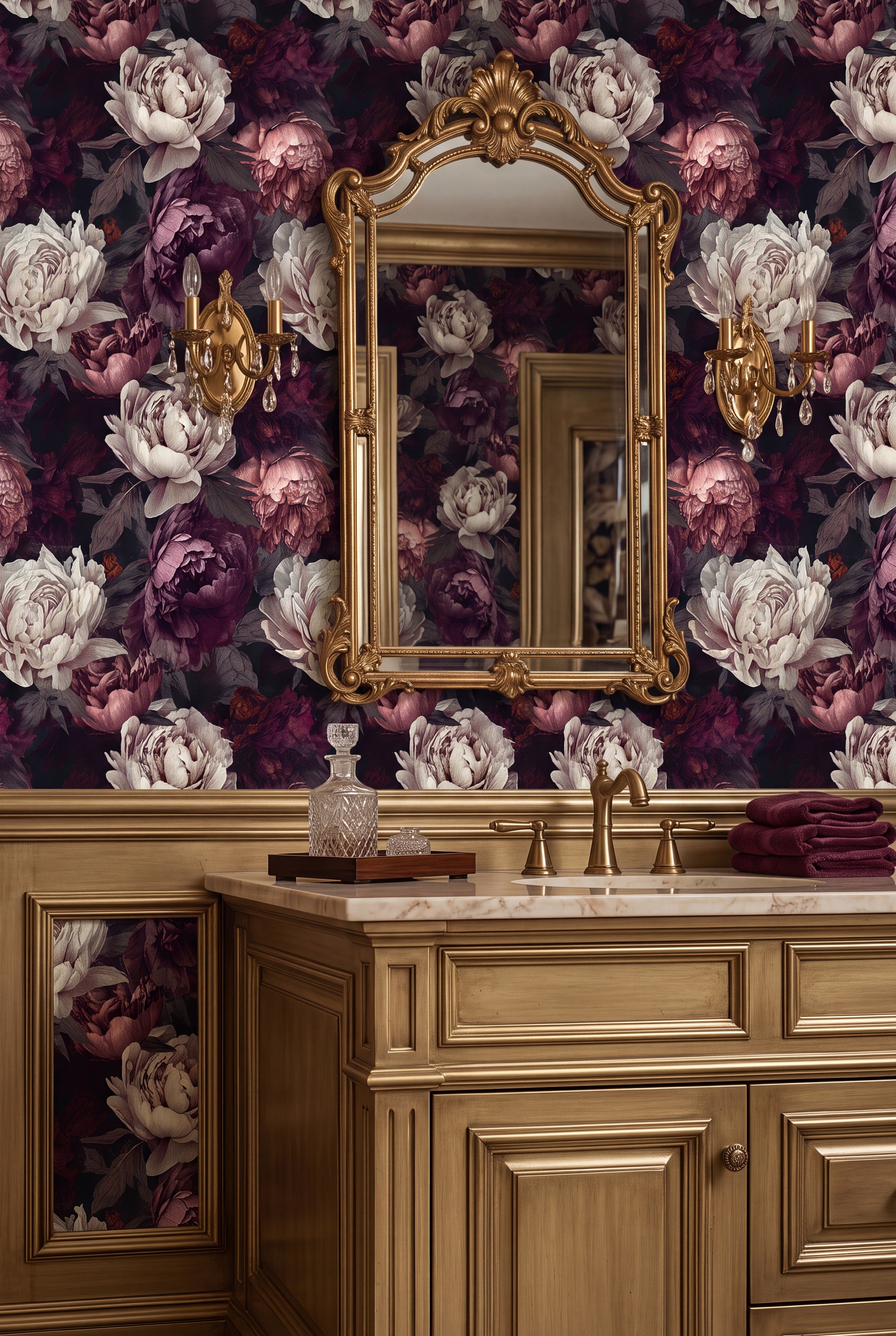 Raven Peony wallpaper shown in a powder room