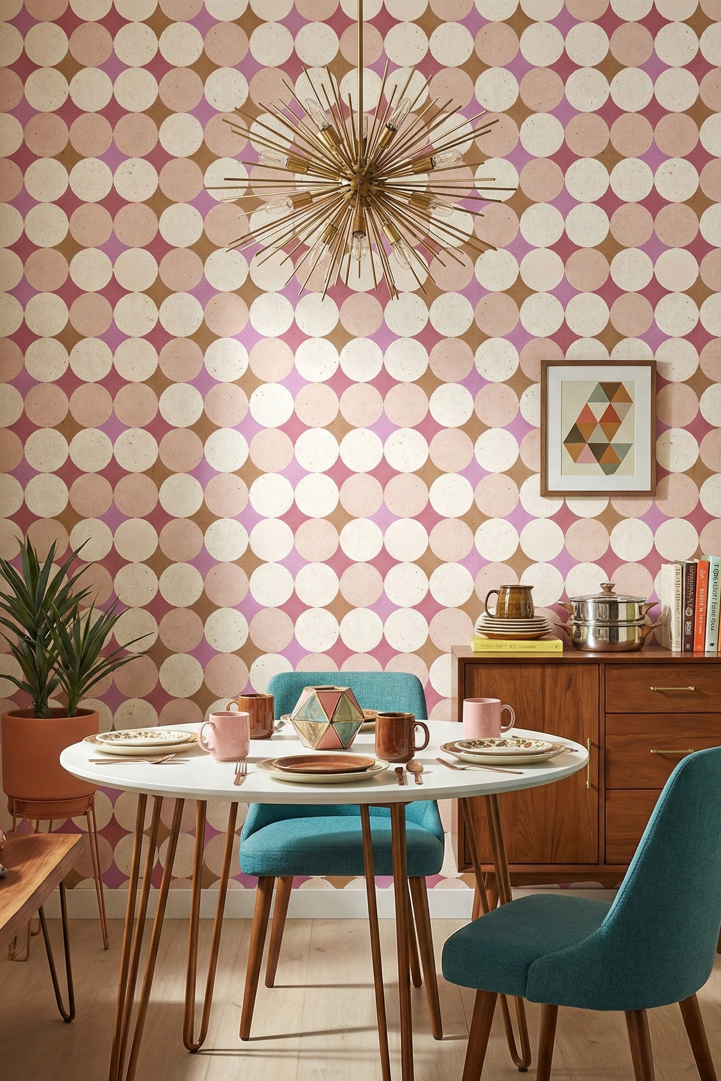 Pink Orbit wallpaper shown in a dining room
