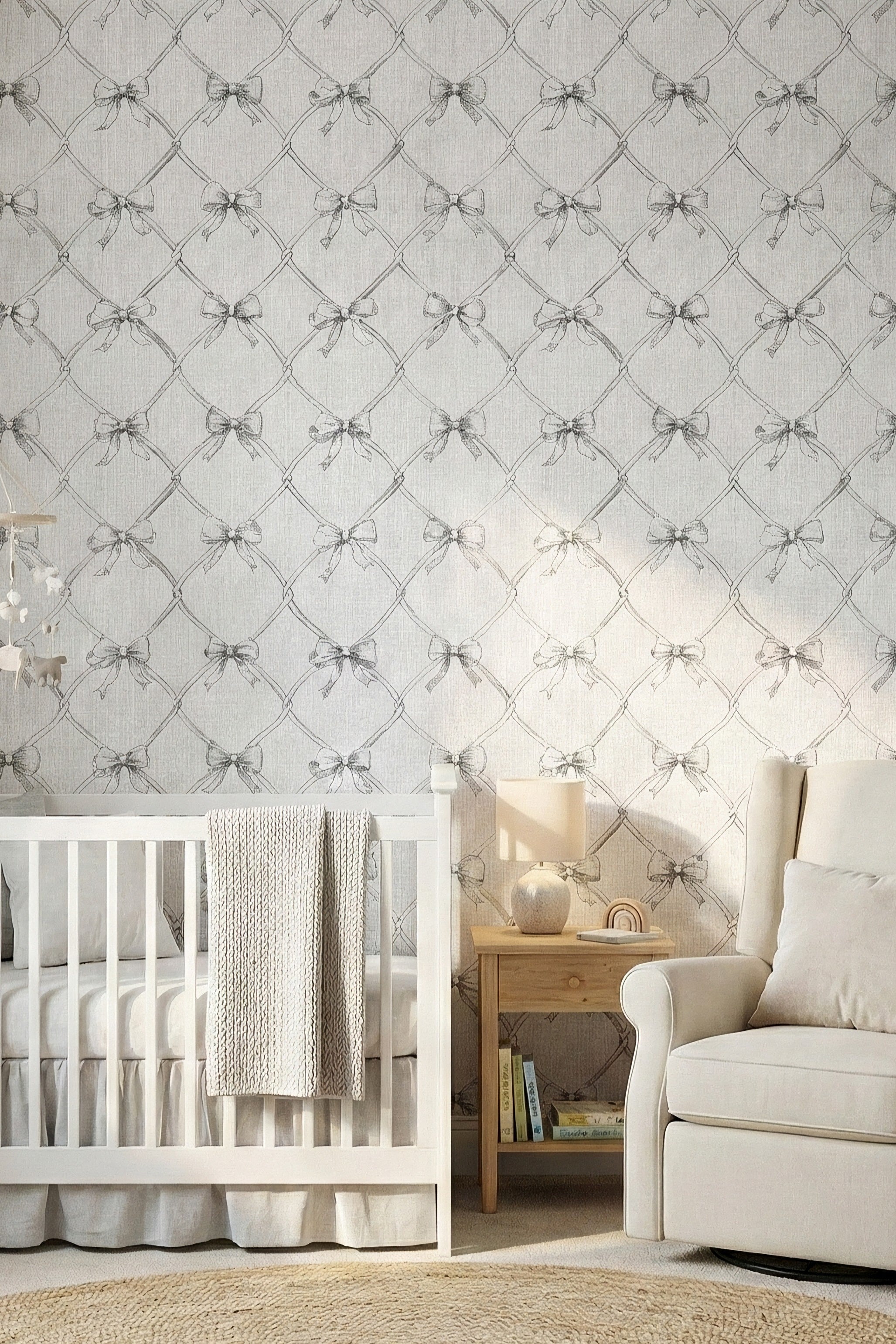 Tuxedo Bow wallpaper shown in a nursery