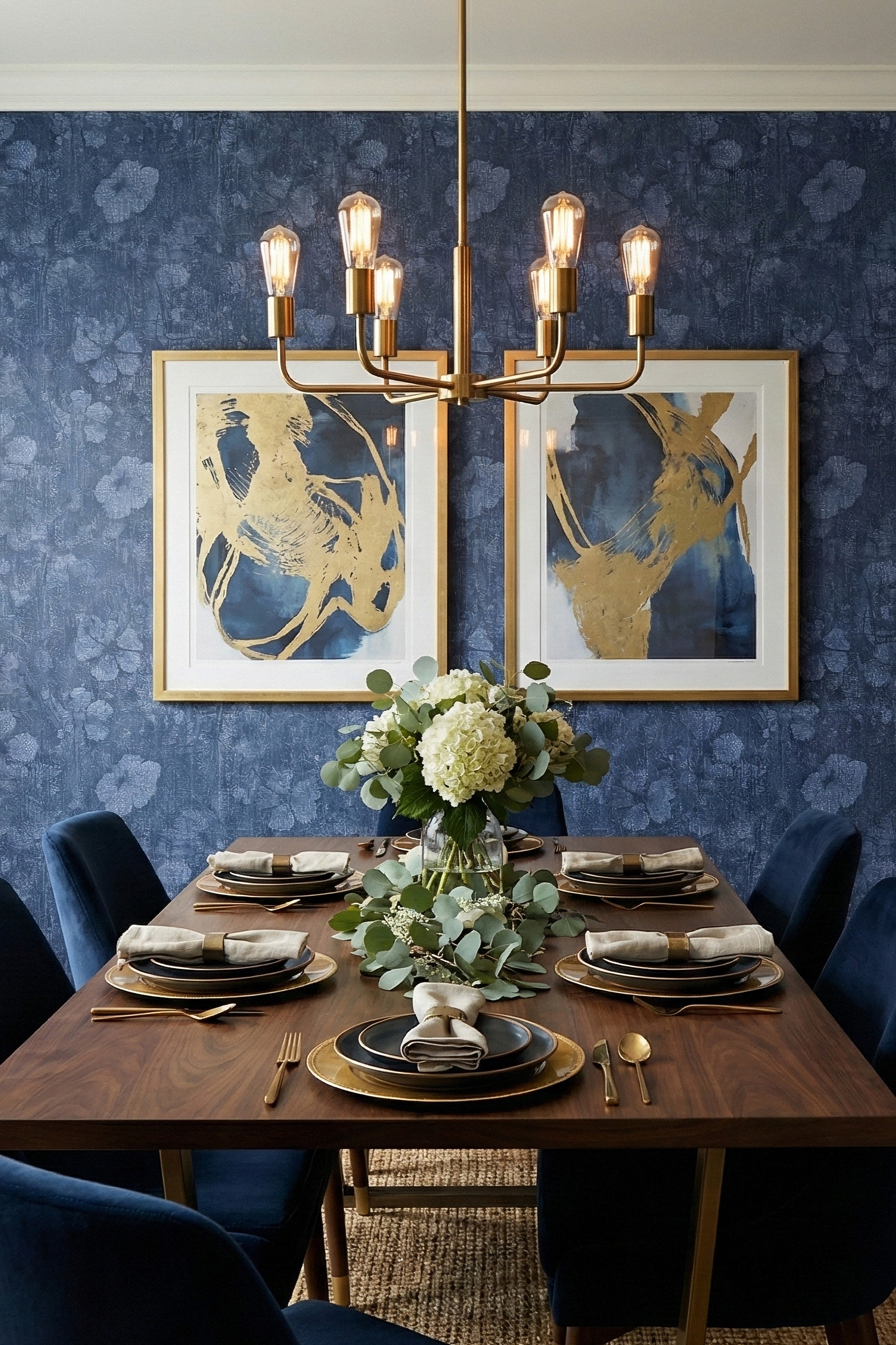 Denim Garden wallpaper shown in a dining room
