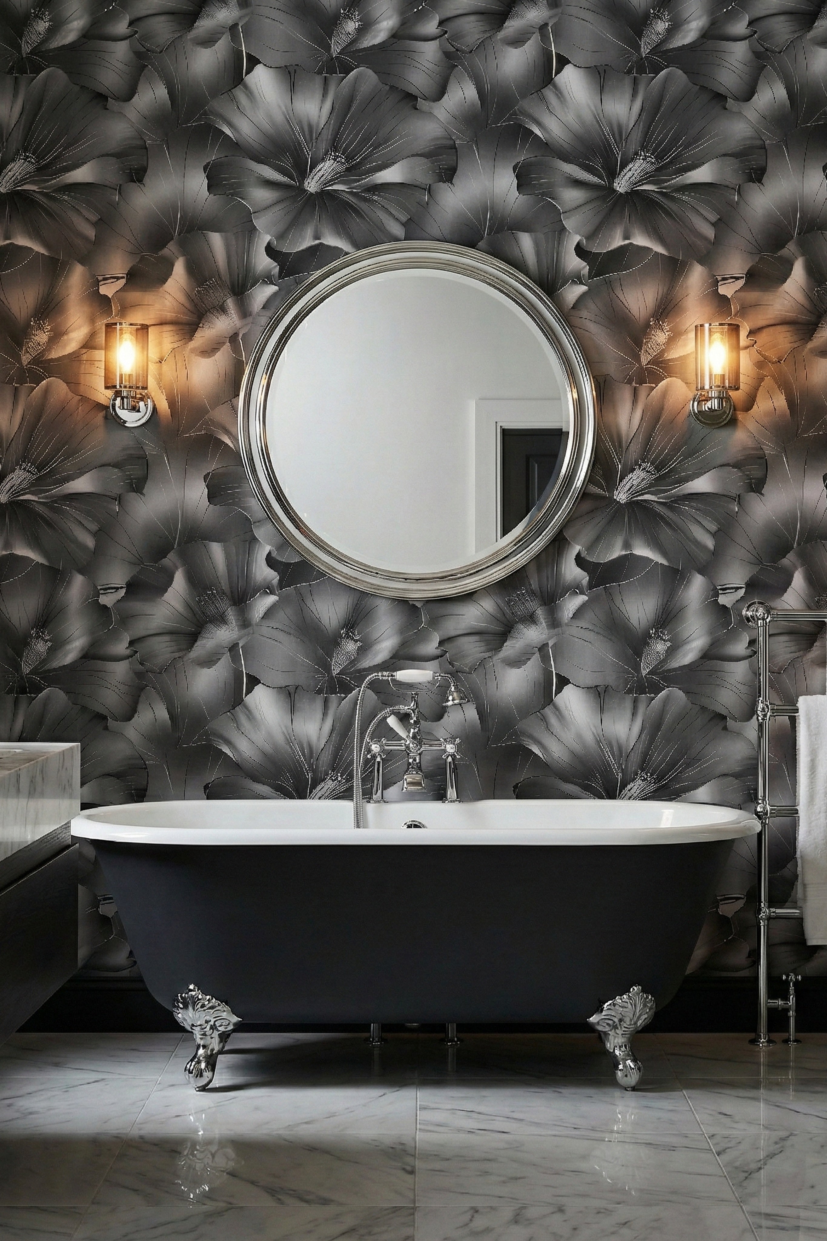 Monochrome Bloom wallpaper shown in a bathroom
