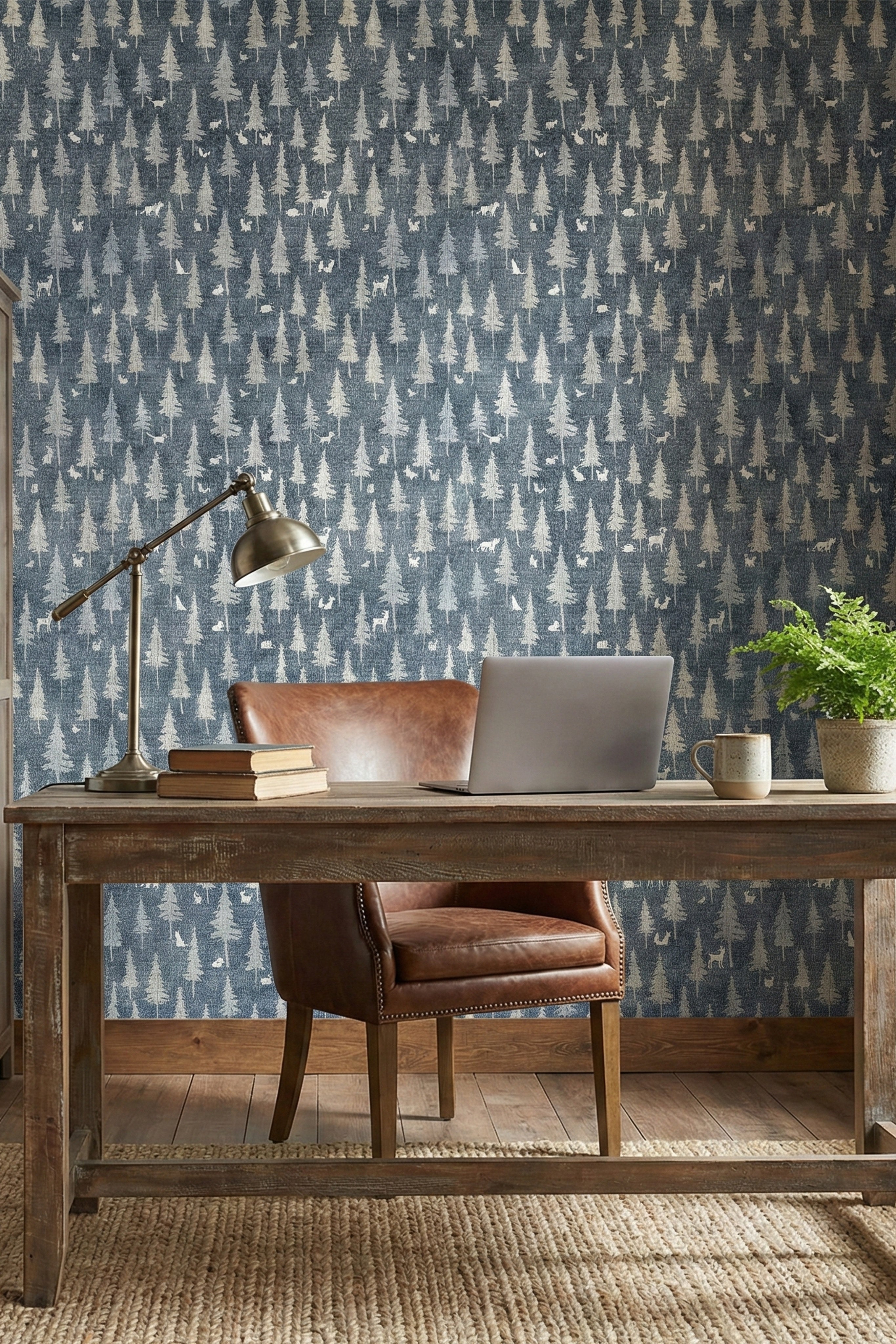 Twilight Woodland wallpaper shown in a home office