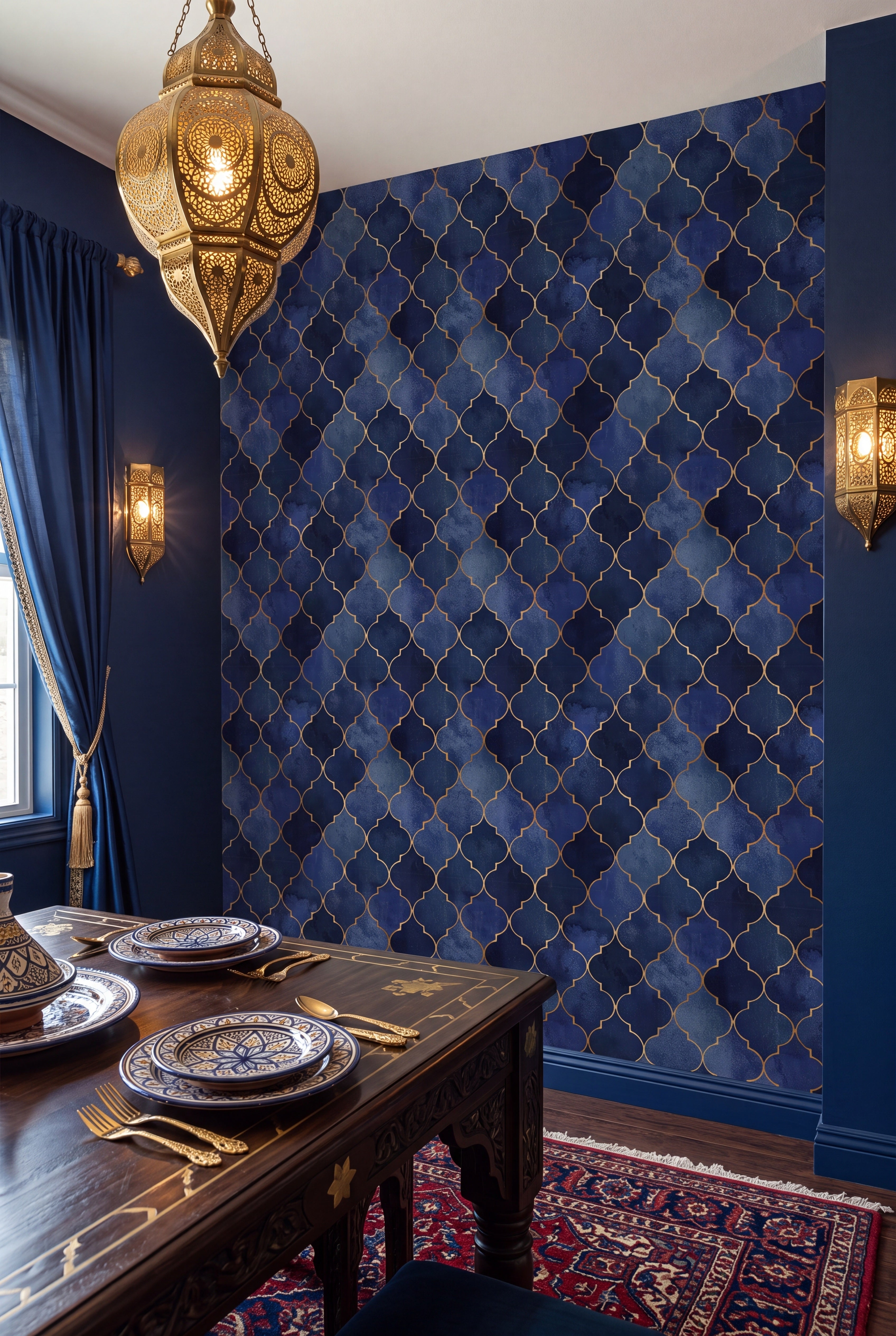 Admiral Trellis wallpaper shown in a dining room