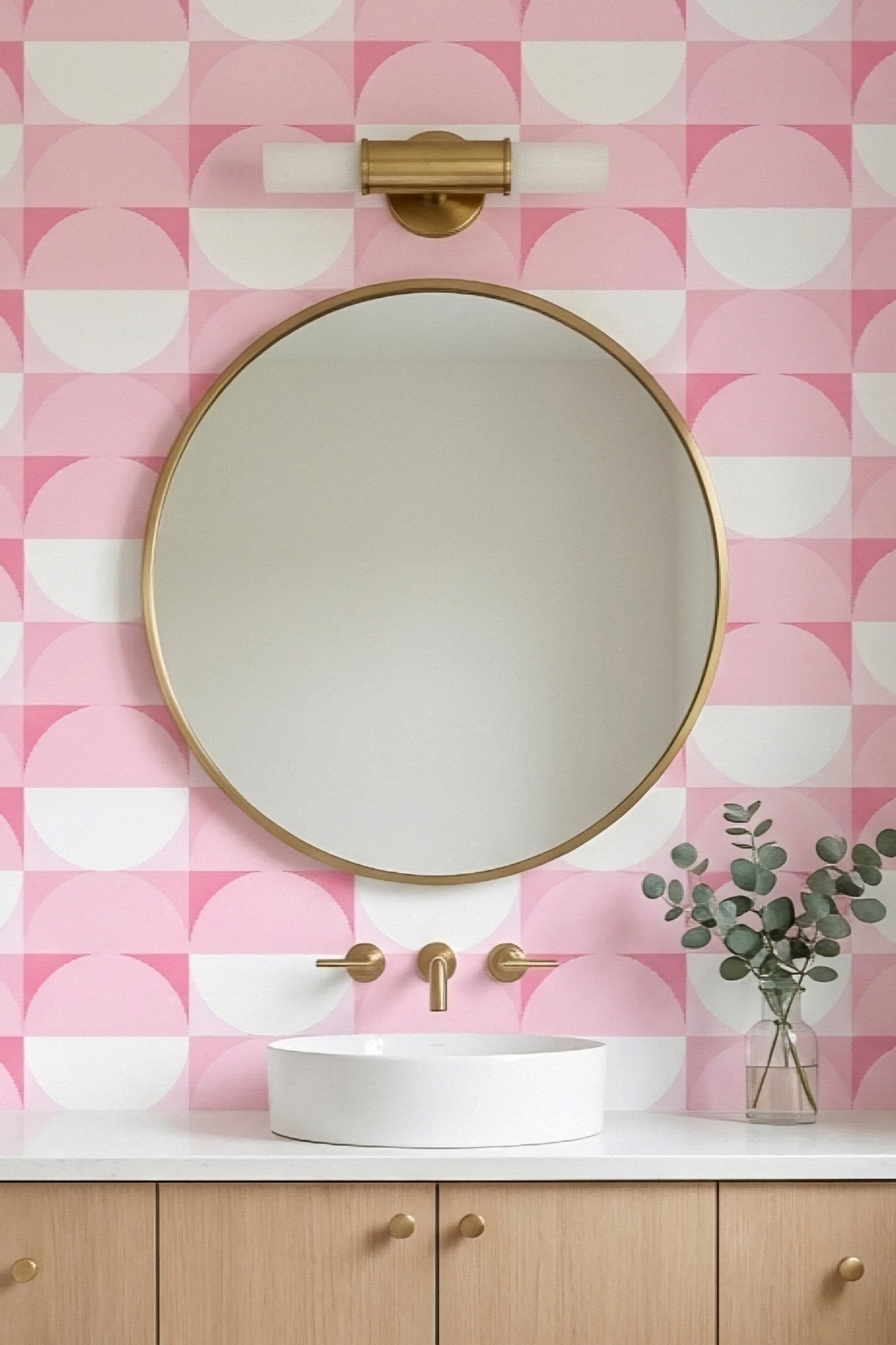 Pastel Playhouse wallpaper shown in a powder room