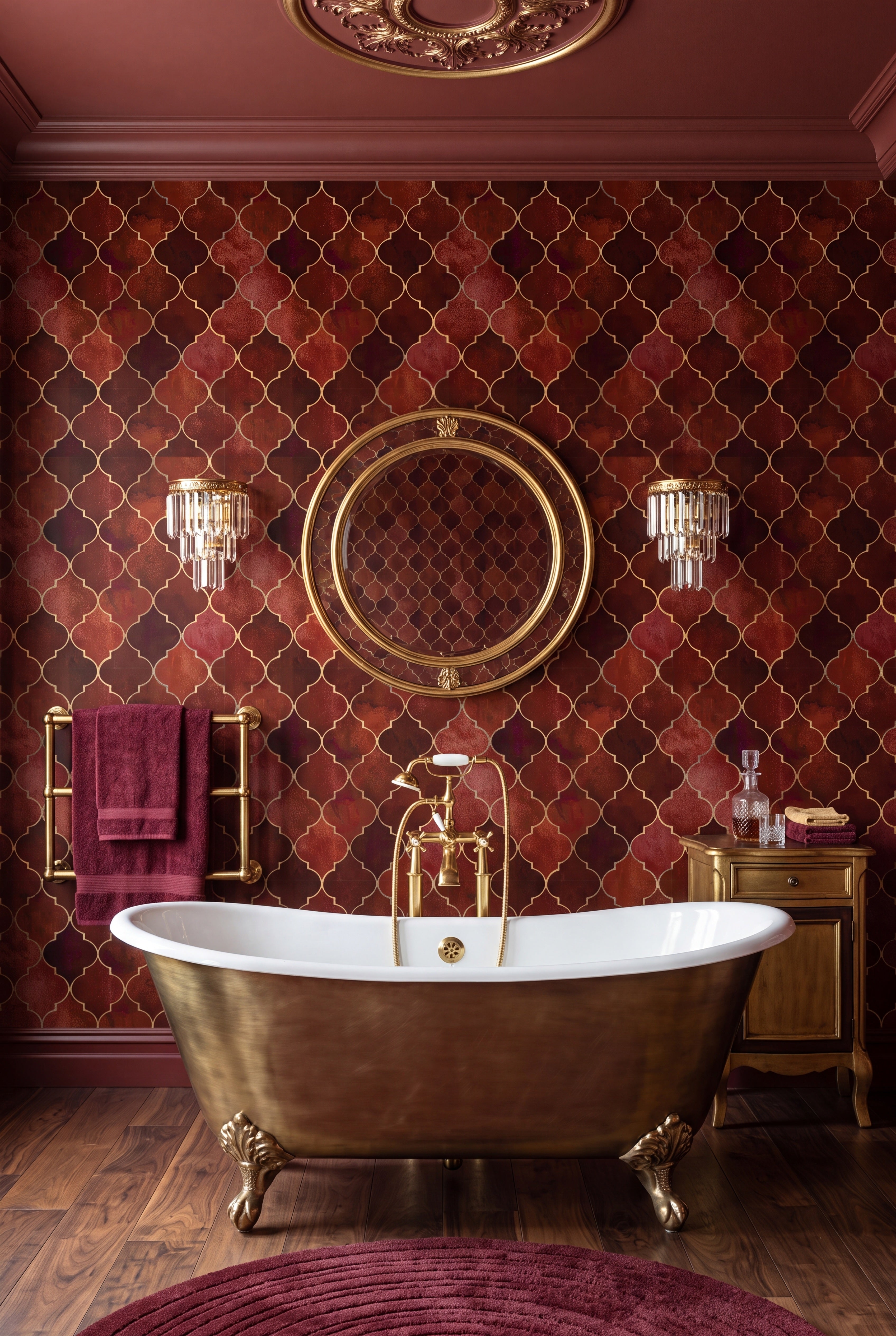 Ruby Trellis wallpaper shown in a bathroom