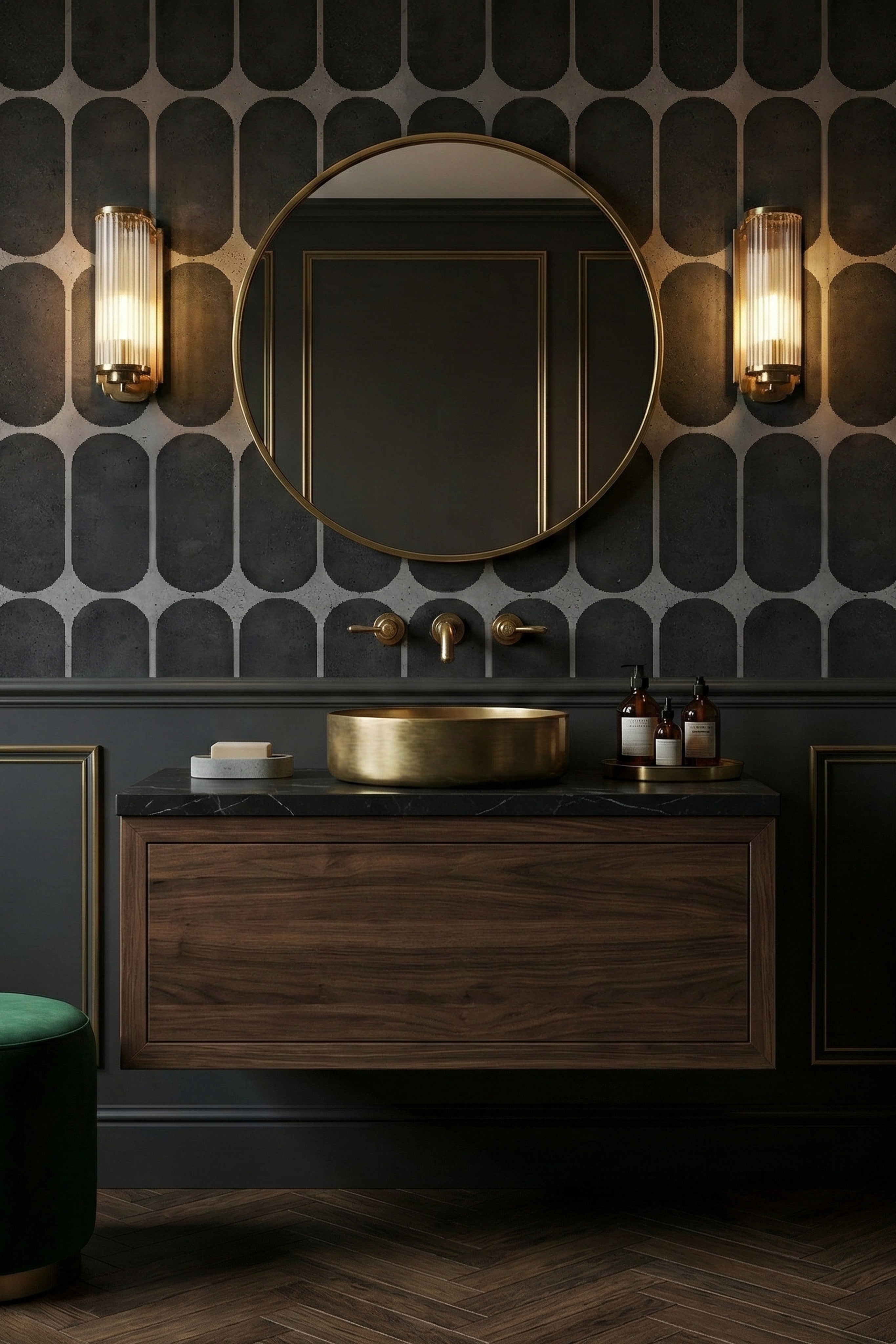 Brutalist wallpaper shown in a powder room