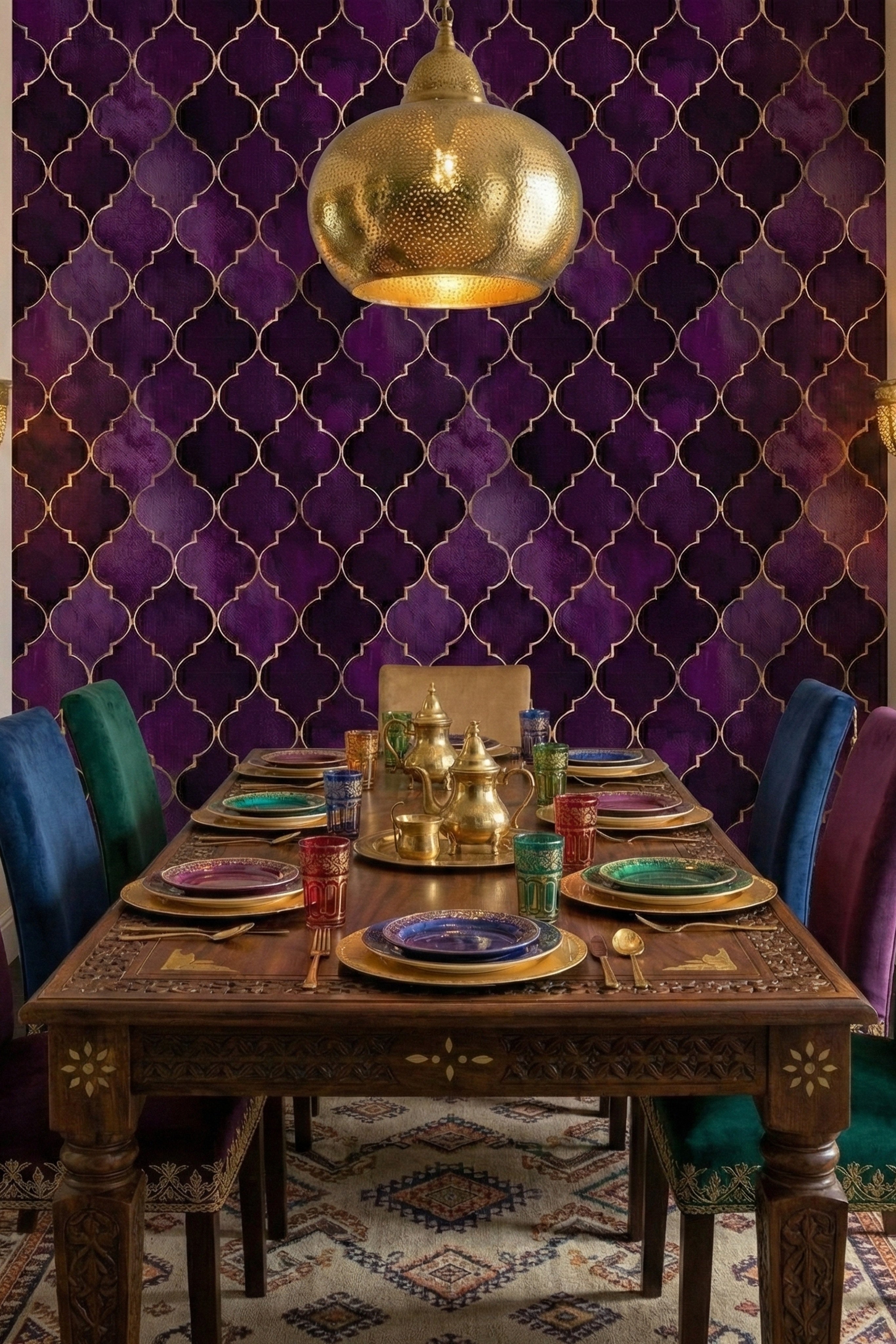 Amethyst Trellis wallpaper shown in a dining room