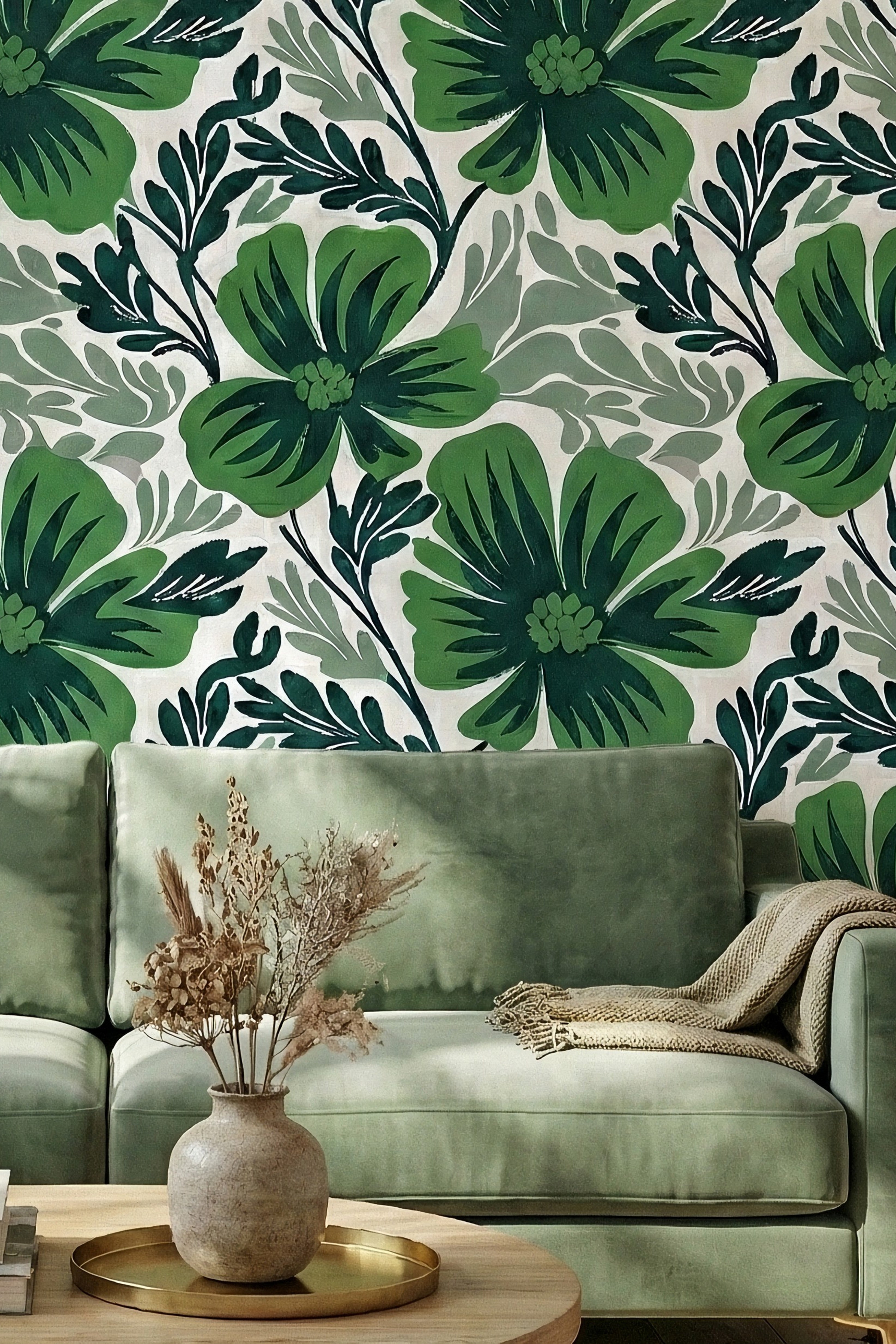 Emerald Jungle wallpaper shown in a living room