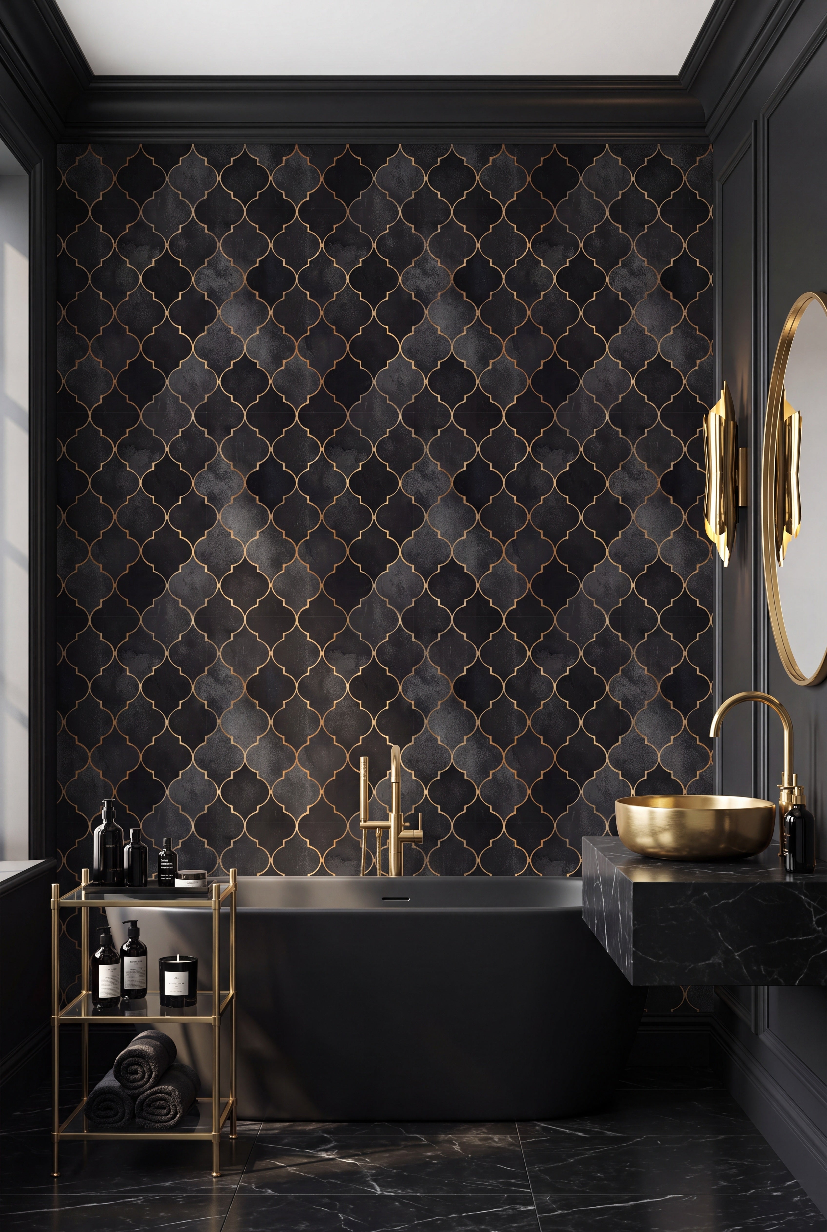 Gatsby Noir wallpaper shown in a bathroom