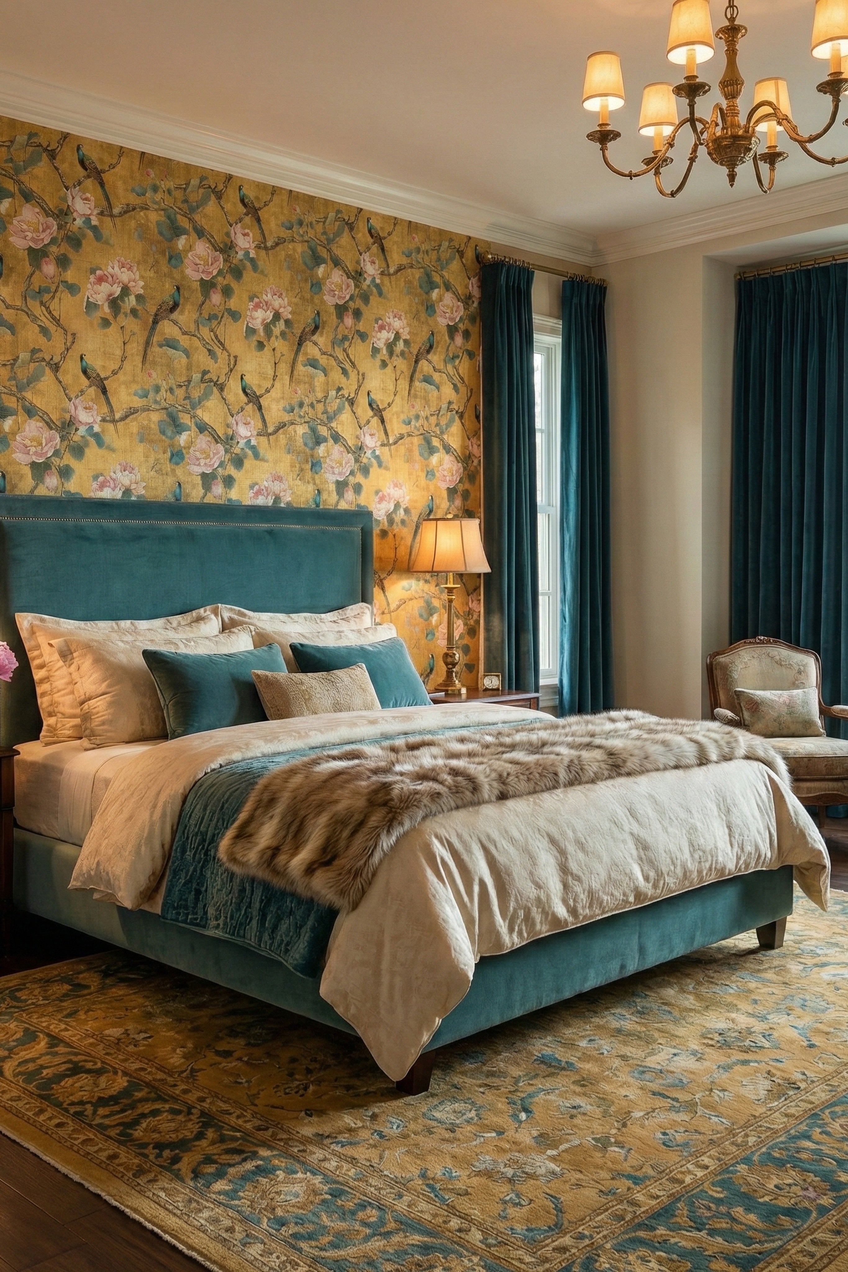 Golden Garden wallpaper shown in a bedroom