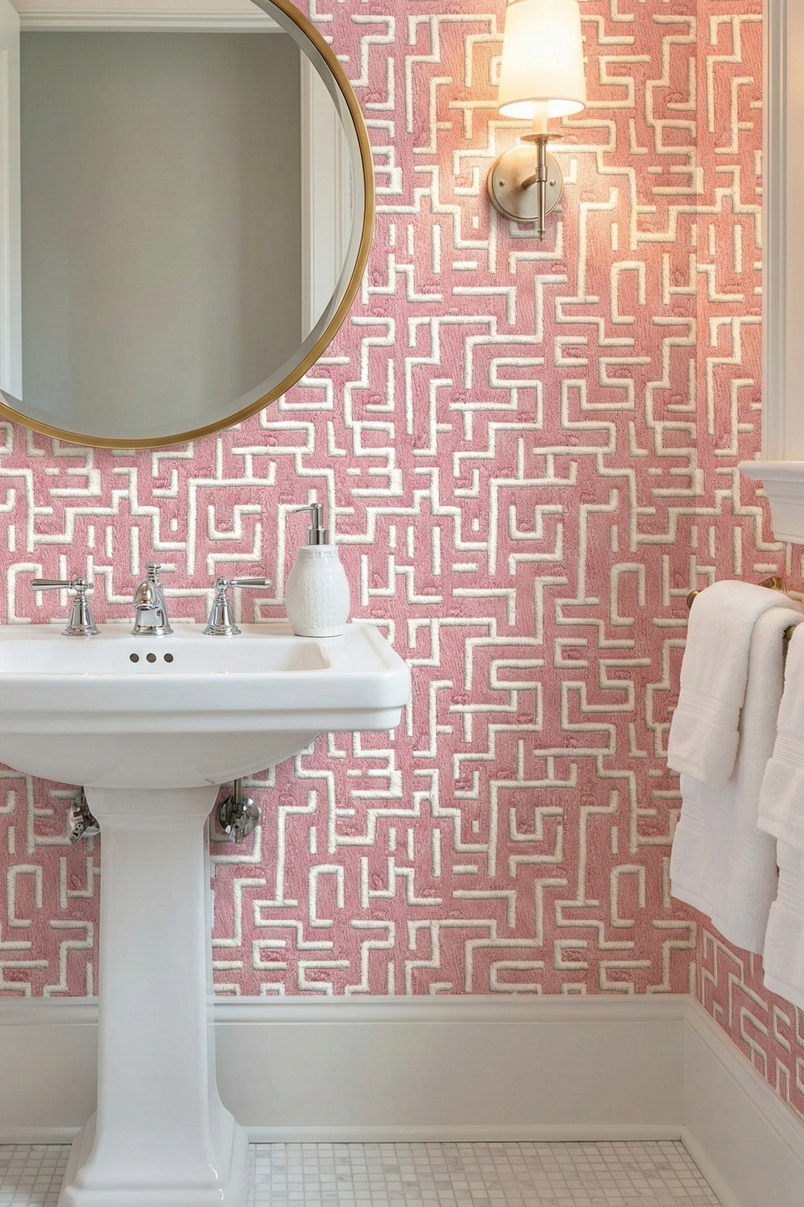 Whisker Maze wallpaper shown in a powder room