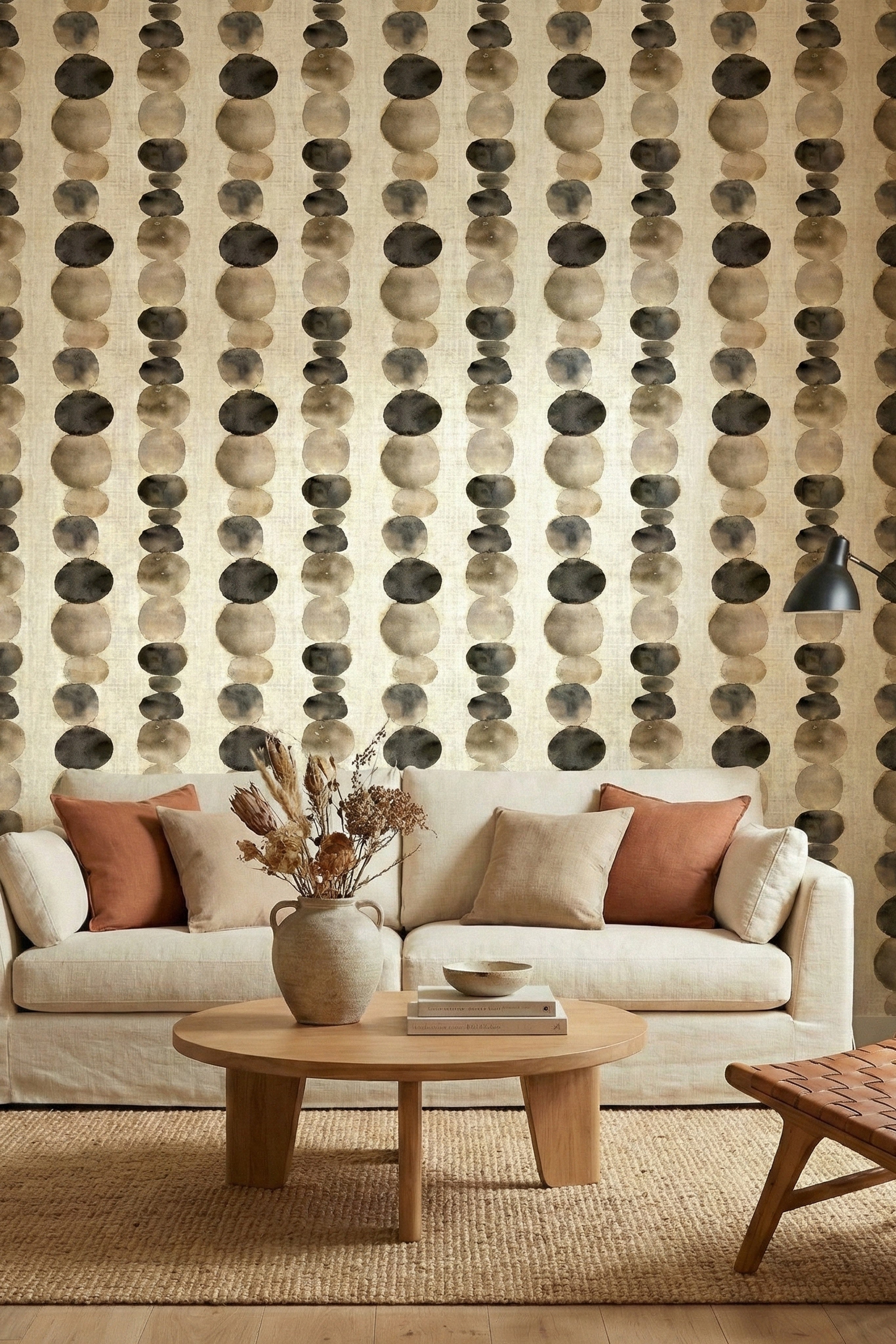 River Stones wallpaper shown in a living room