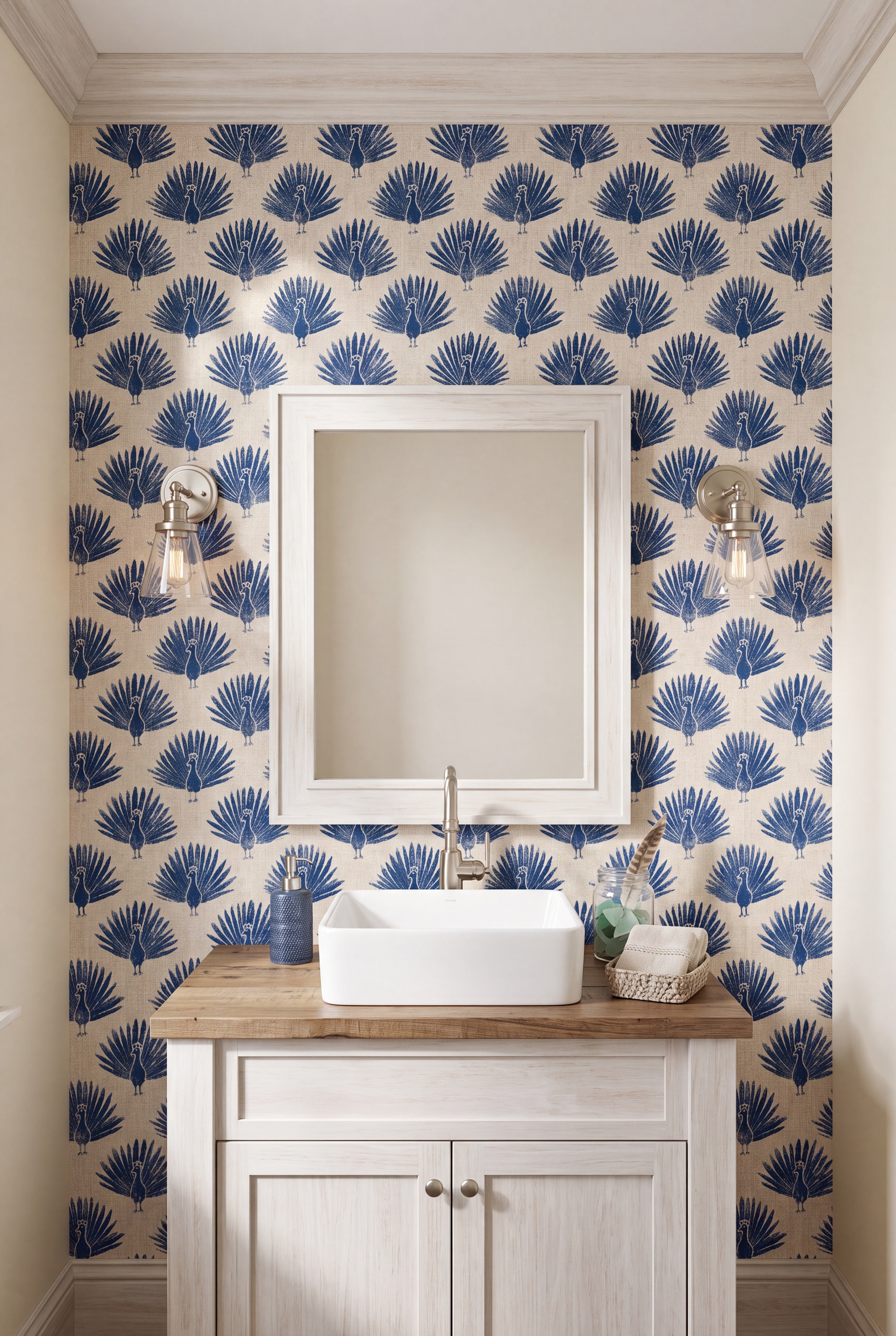 Linen Peacock wallpaper shown in a powder room
