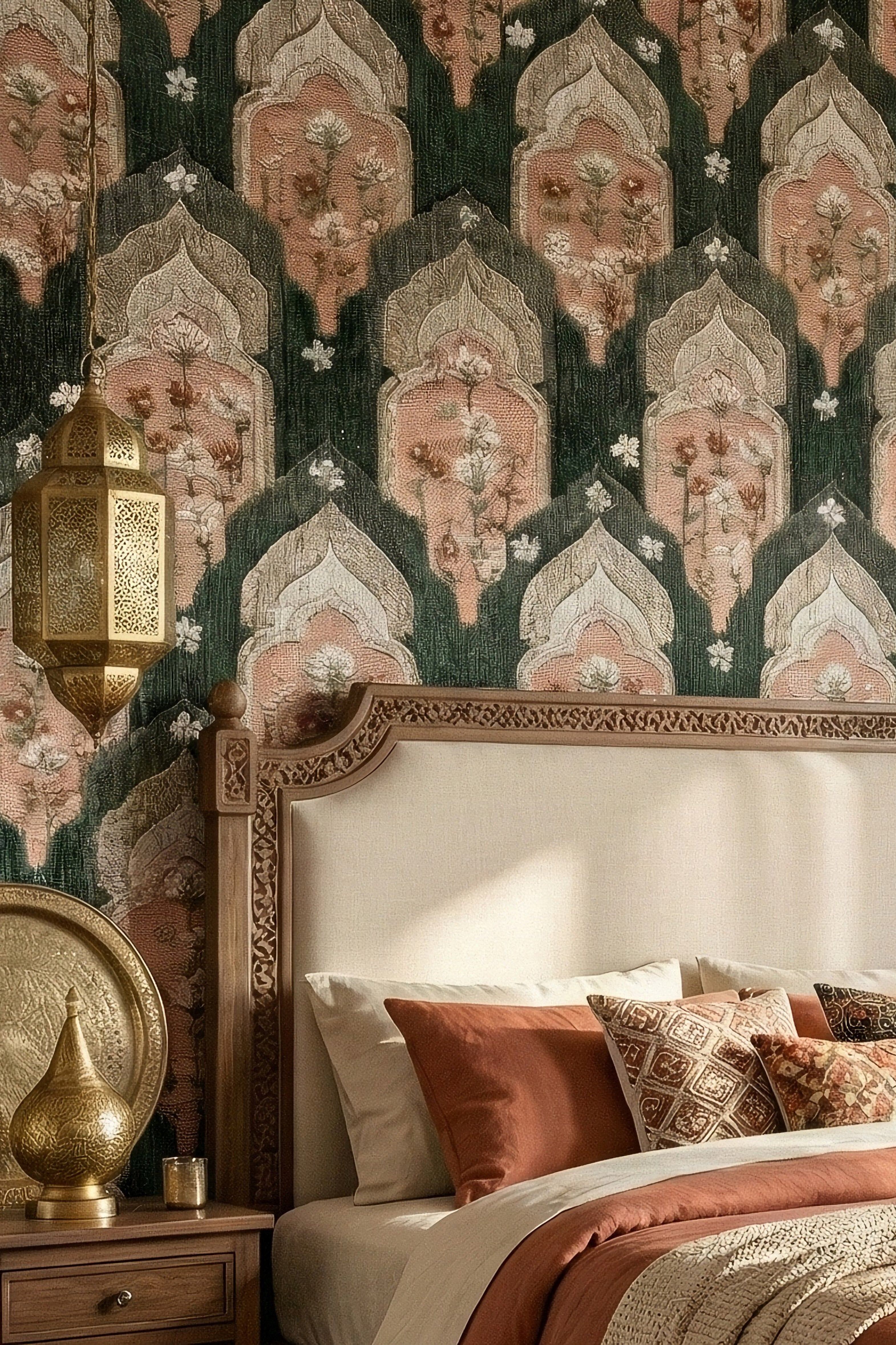 Emerald Medina wallpaper shown in a bedroom