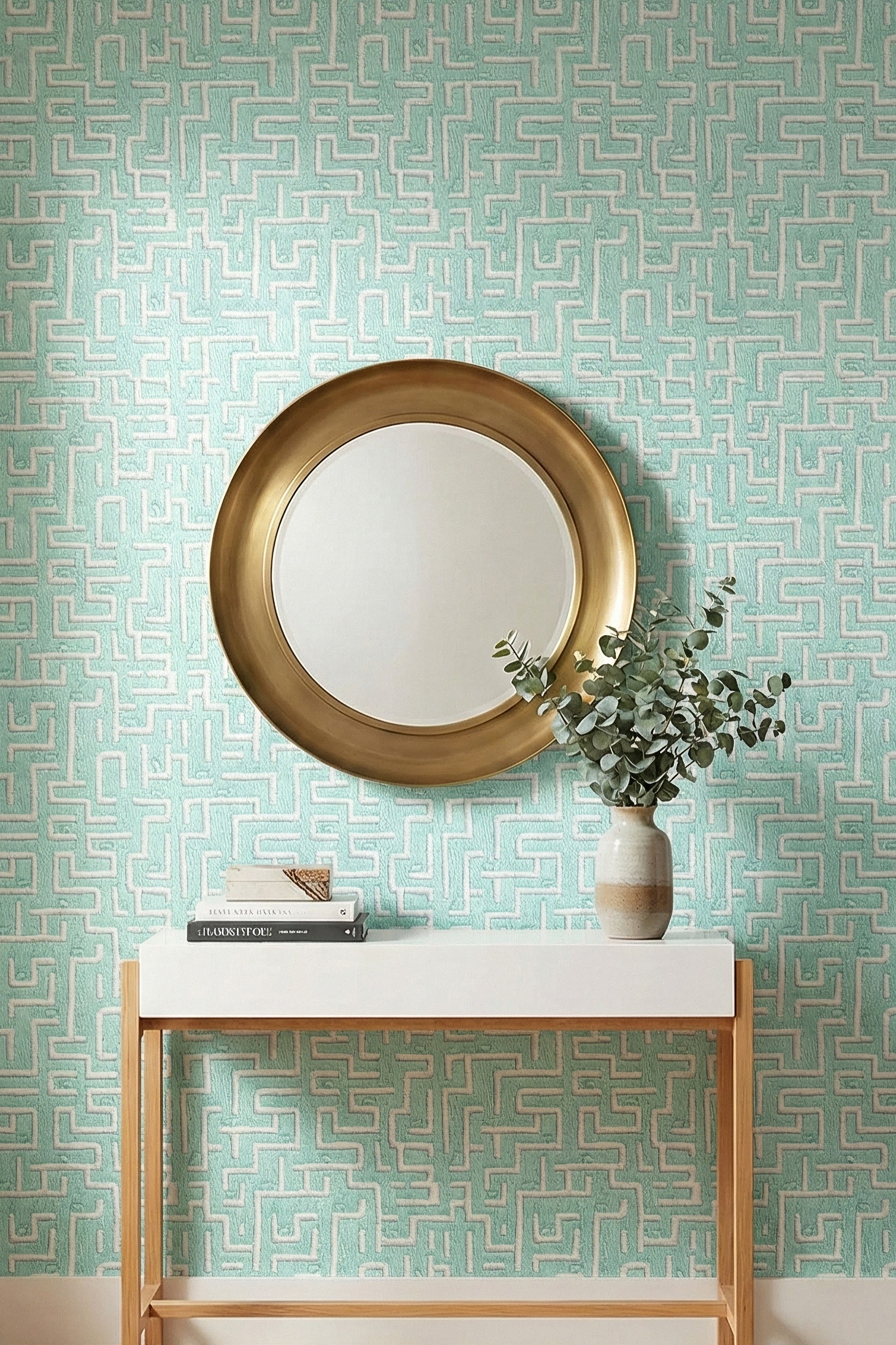 Mint Maze wallpaper shown in a hallway