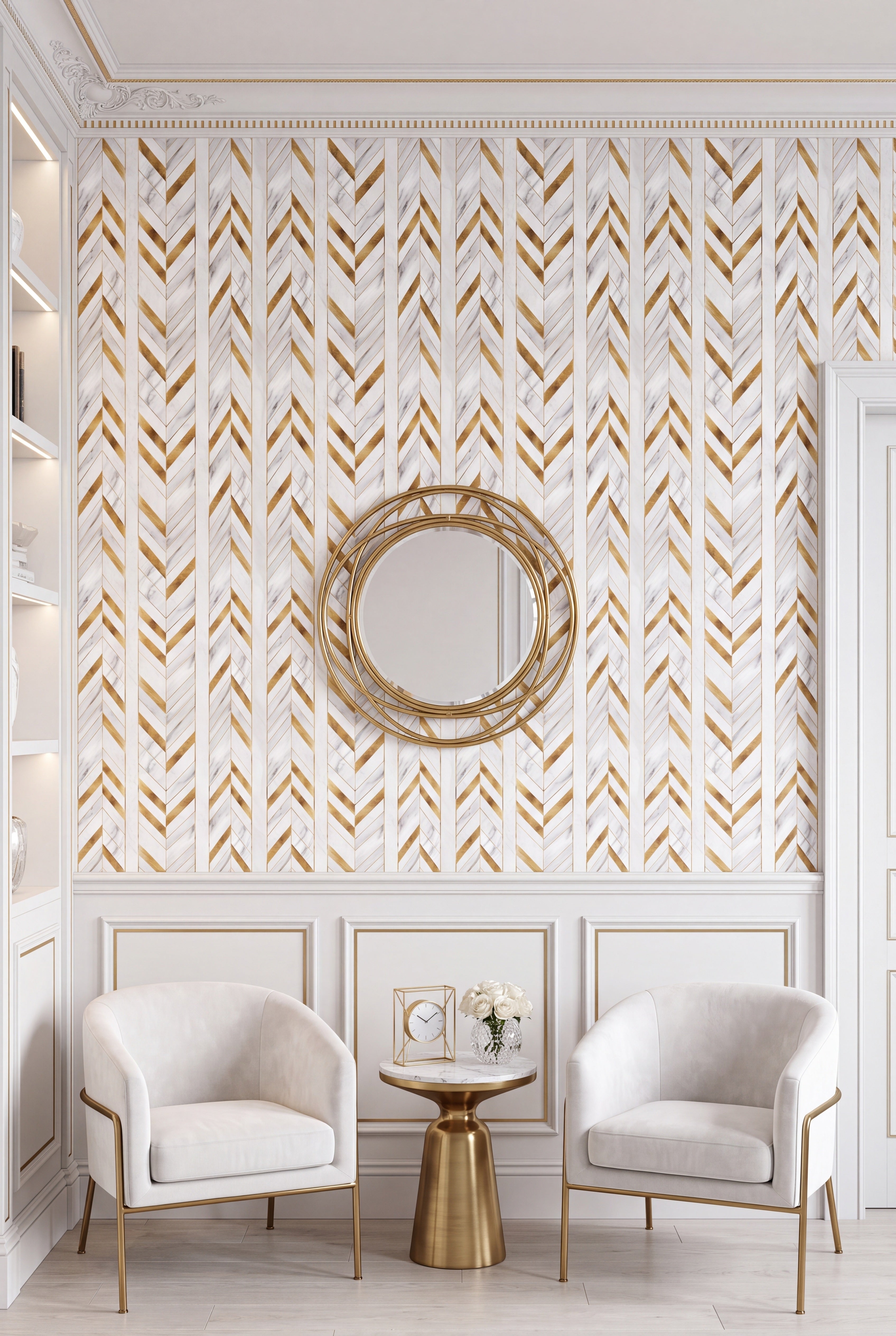 Gilded Chevron wallpaper shown in a living room