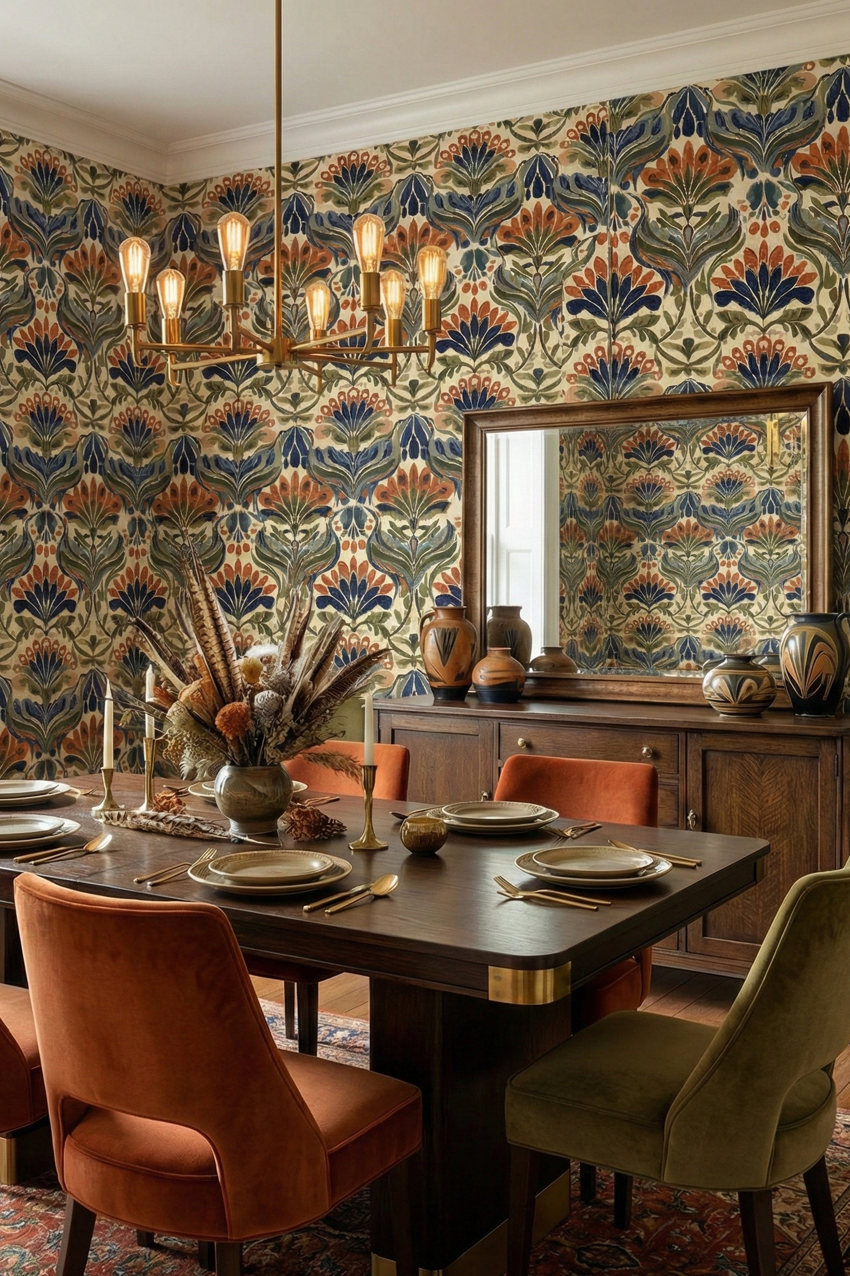 Nouveau Peacock wallpaper shown in a dining room