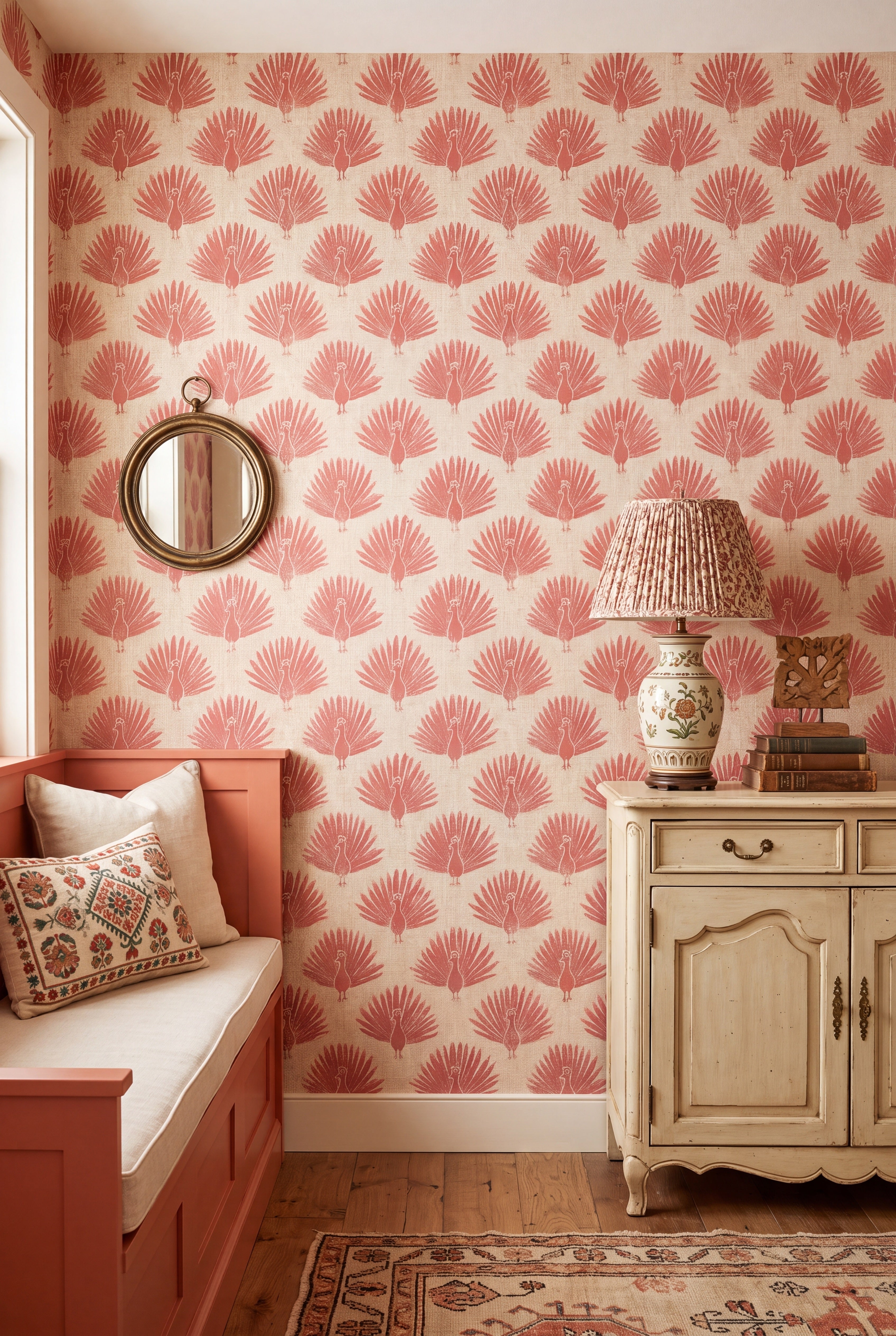 Blush Peacock wallpaper shown in an entryway