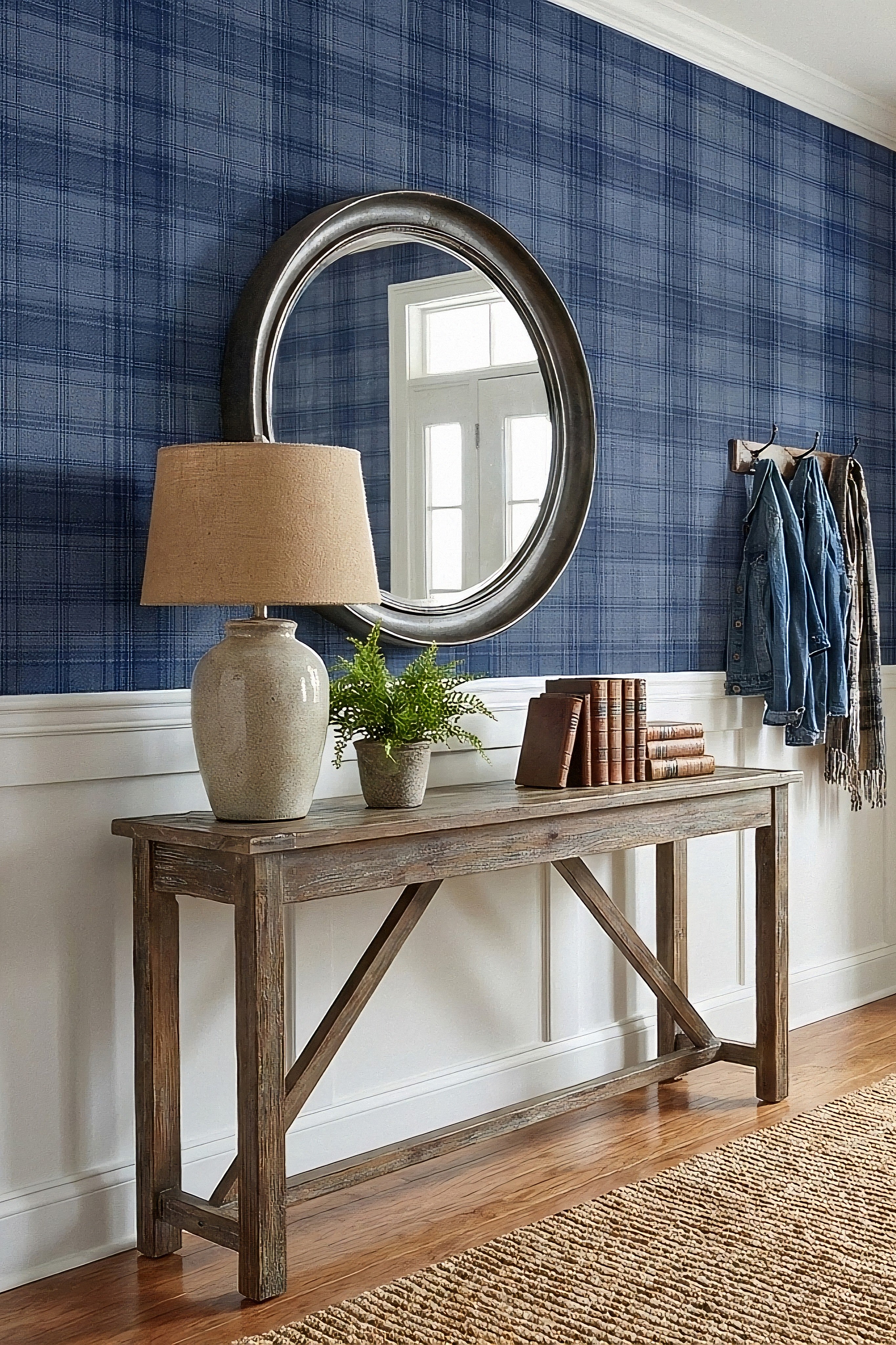 Navy Flannel wallpaper shown in an entryway