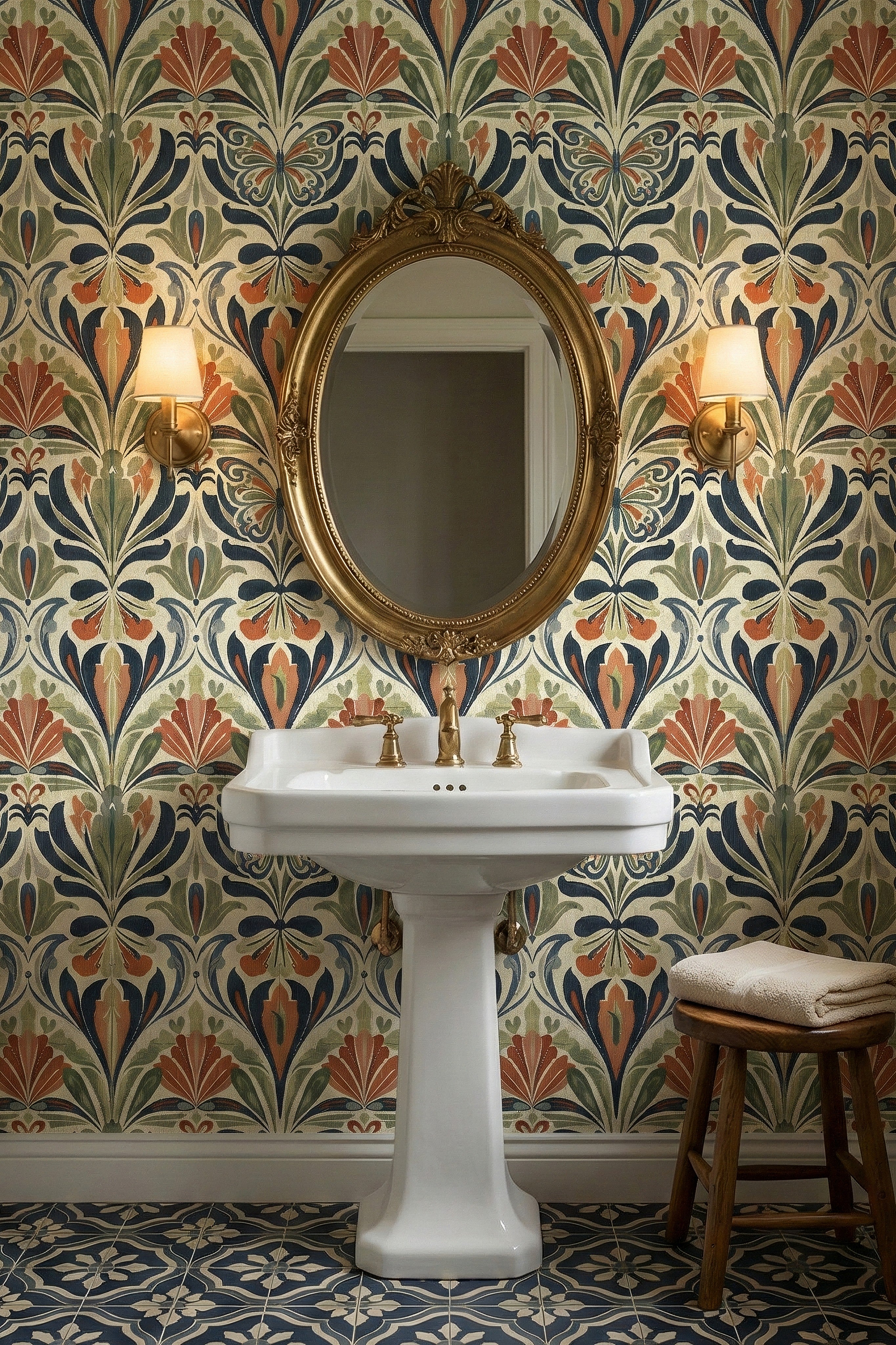Nouveau Flutter wallpaper shown in a powder room