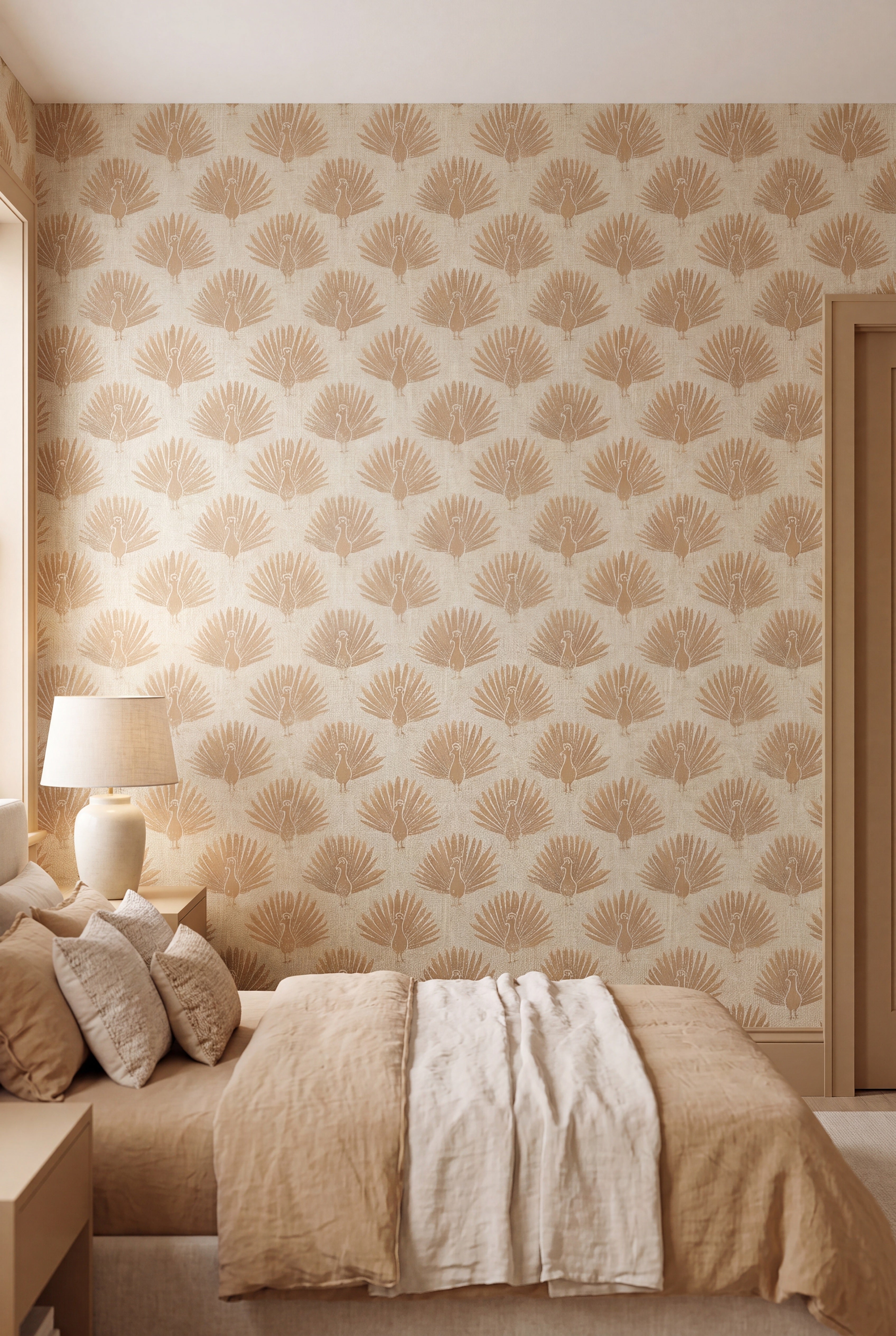 Golden Peacock wallpaper shown in a bedroom