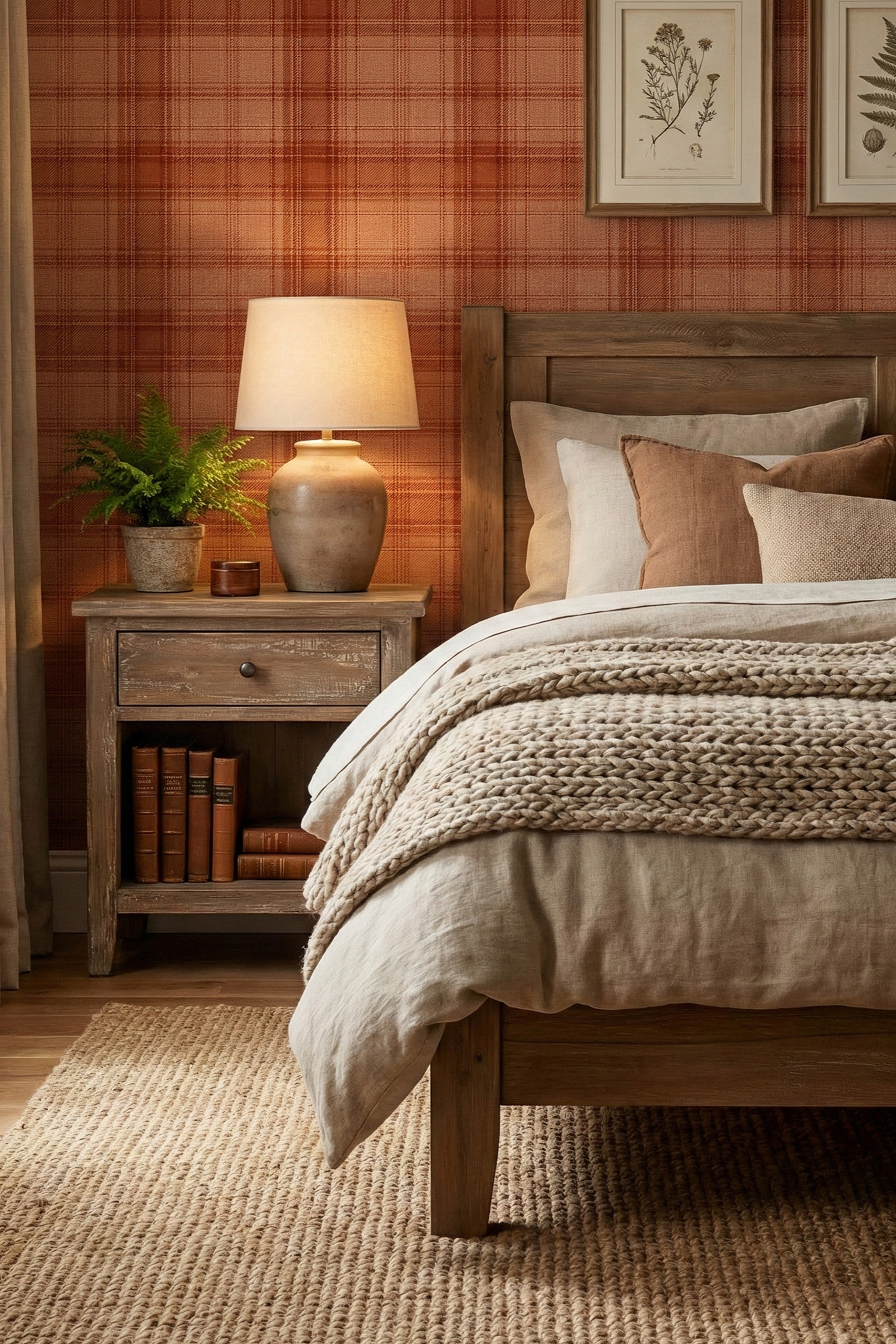 Rust Flannel wallpaper shown in a bedroom