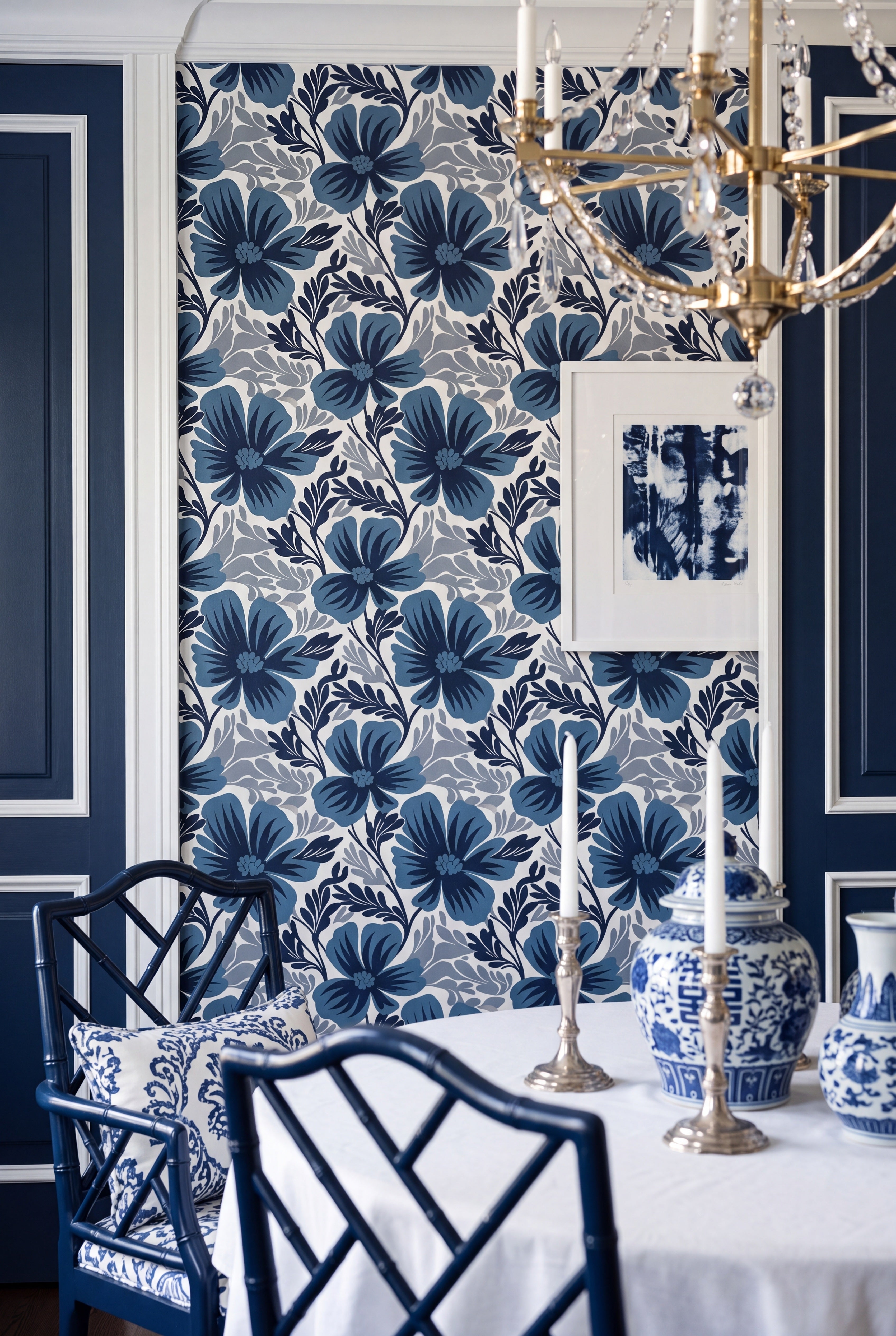 Midnight Tropics wallpaper shown in a dining room