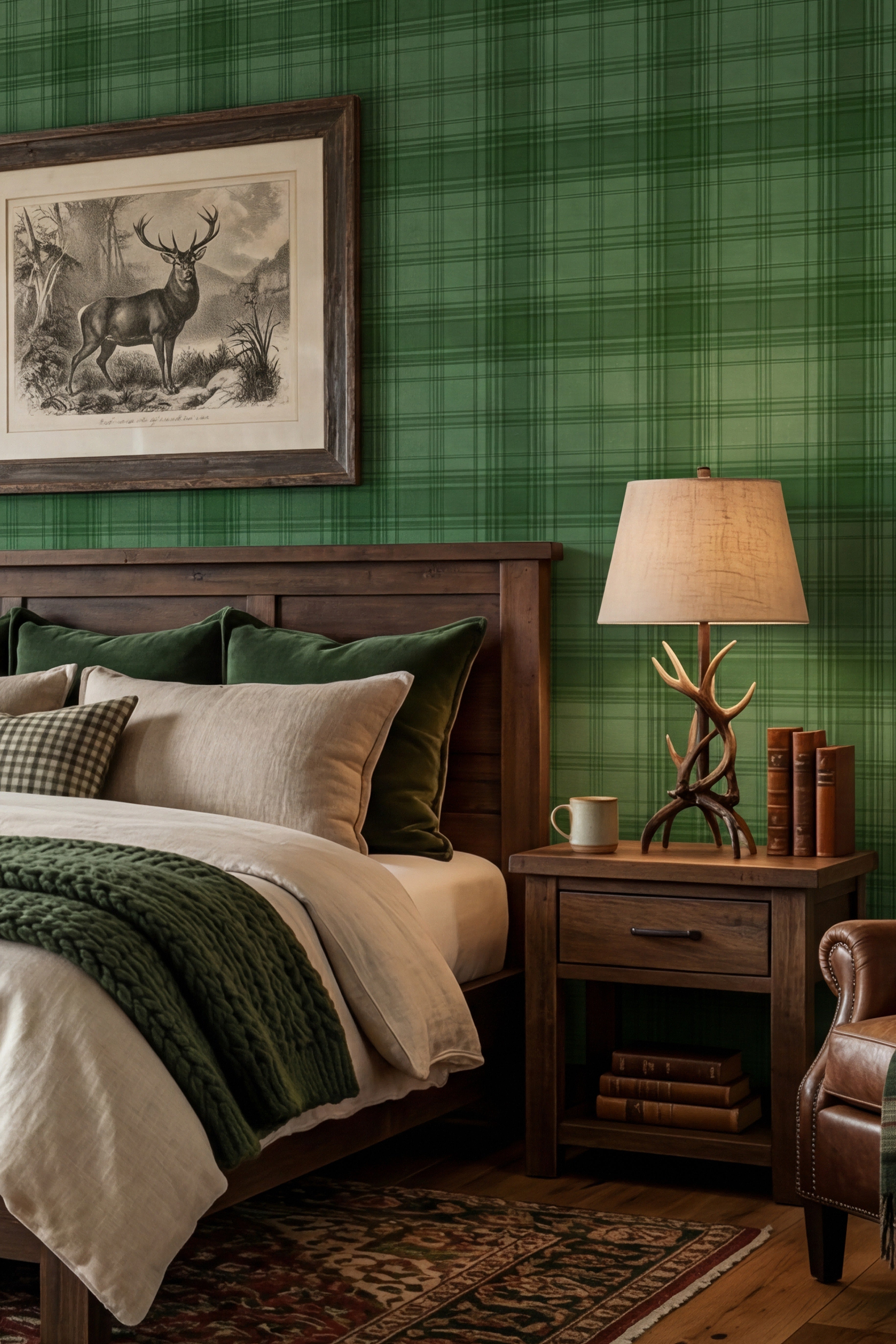 Ranch Plaid wallpaper shown in a bedroom