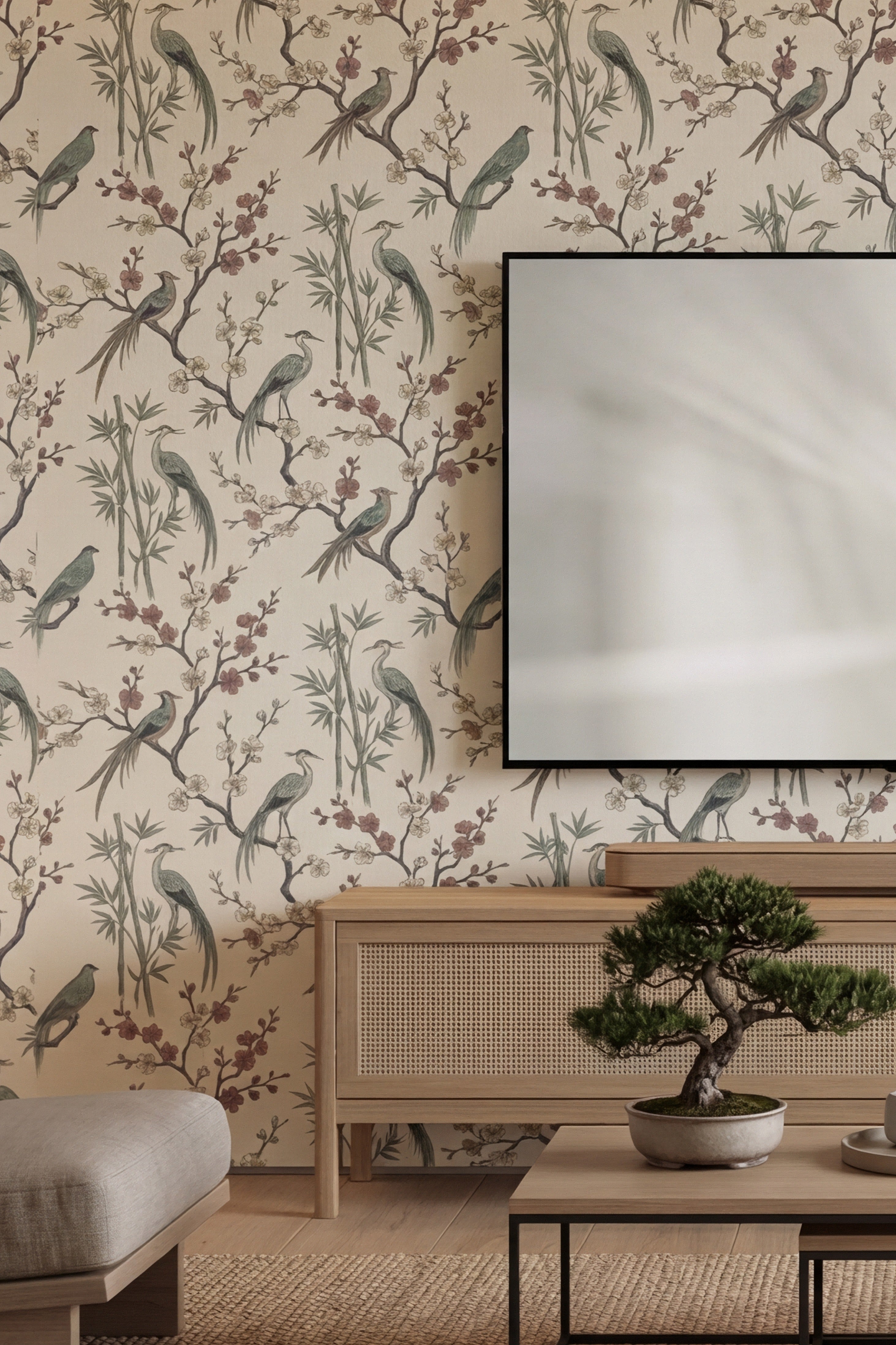 Crane Garden wallpaper shown in a media room