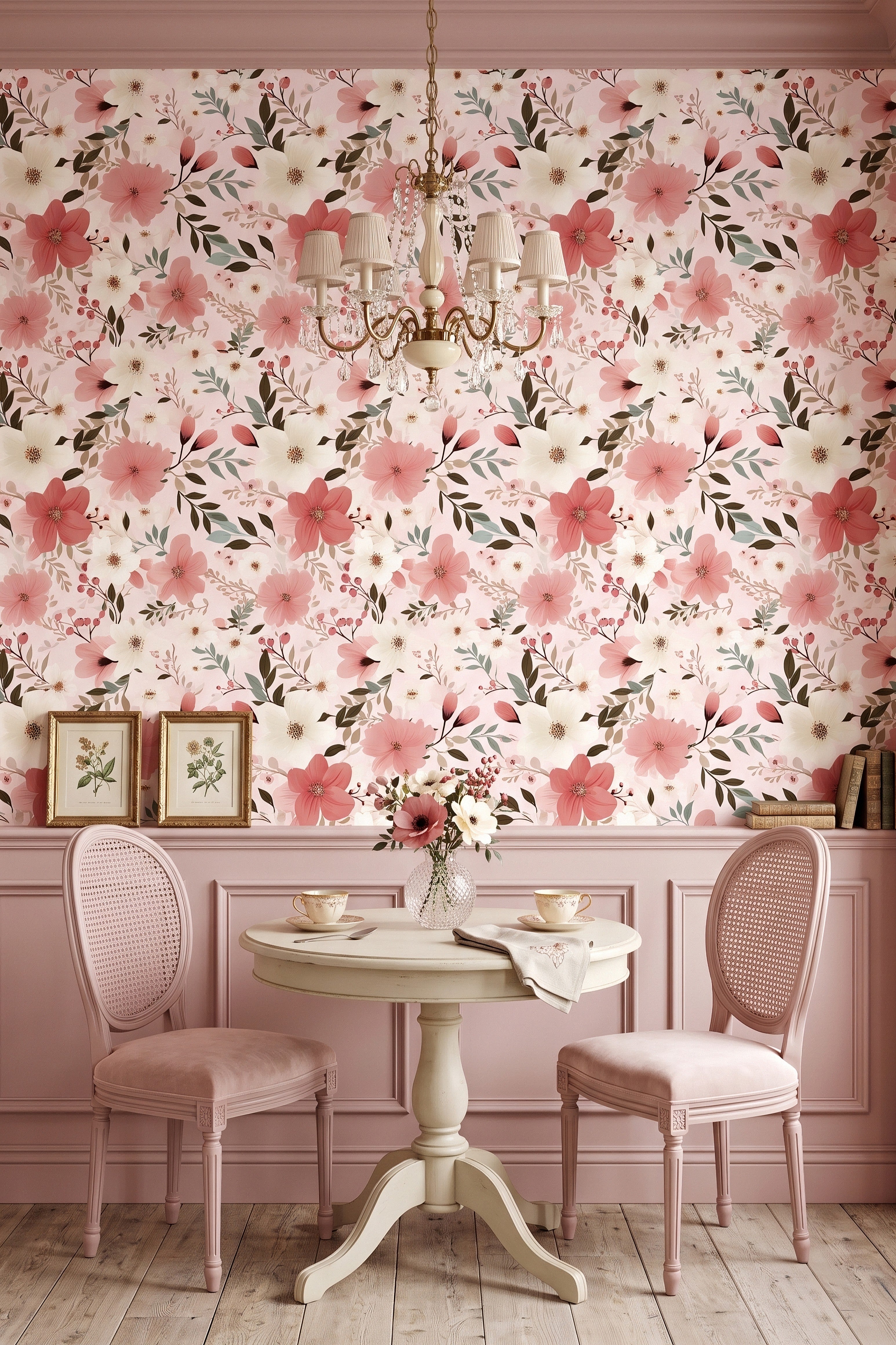 Rosie Posy wallpaper shown in a cozy nook