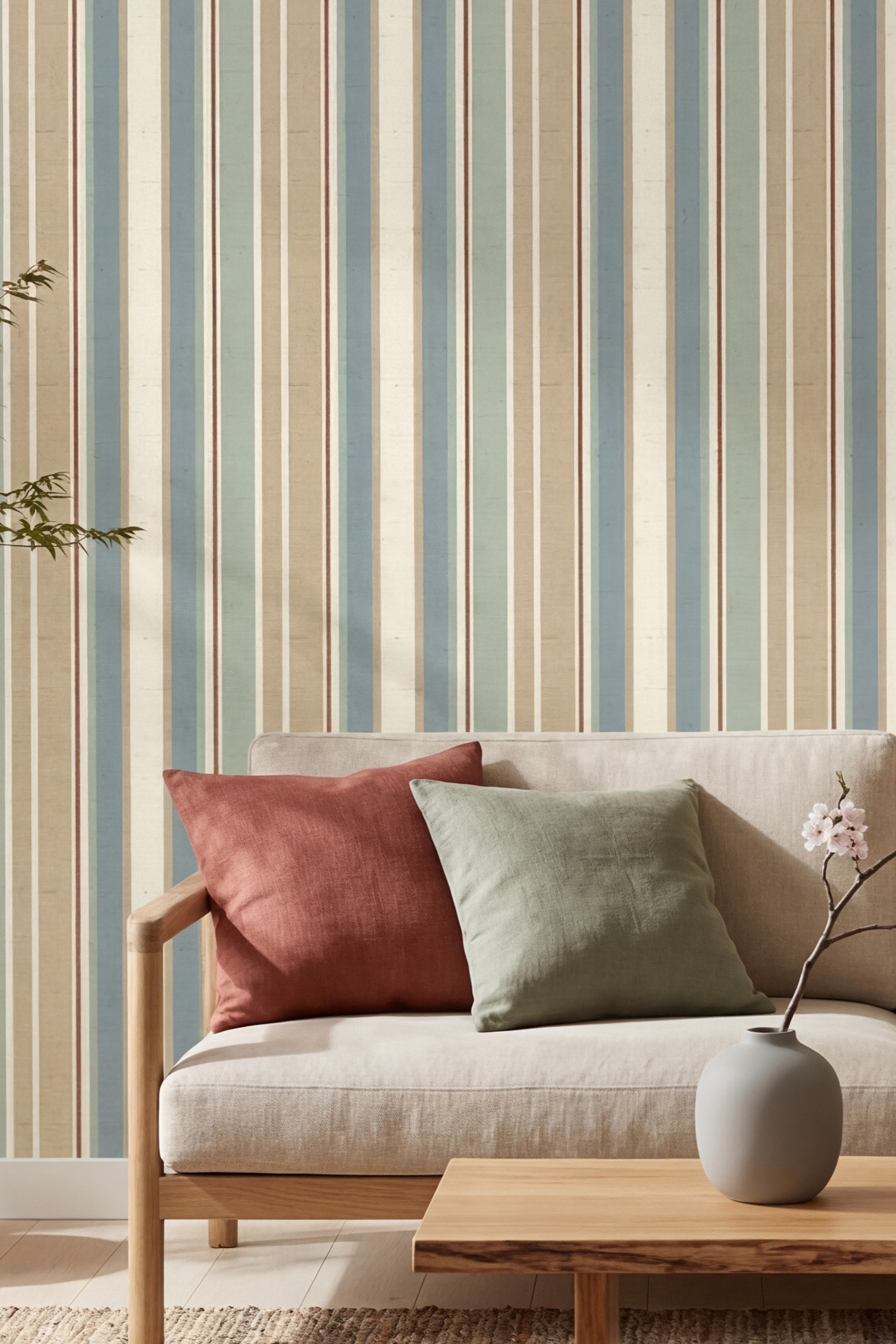 Zen Stripe wallpaper shown in a living room