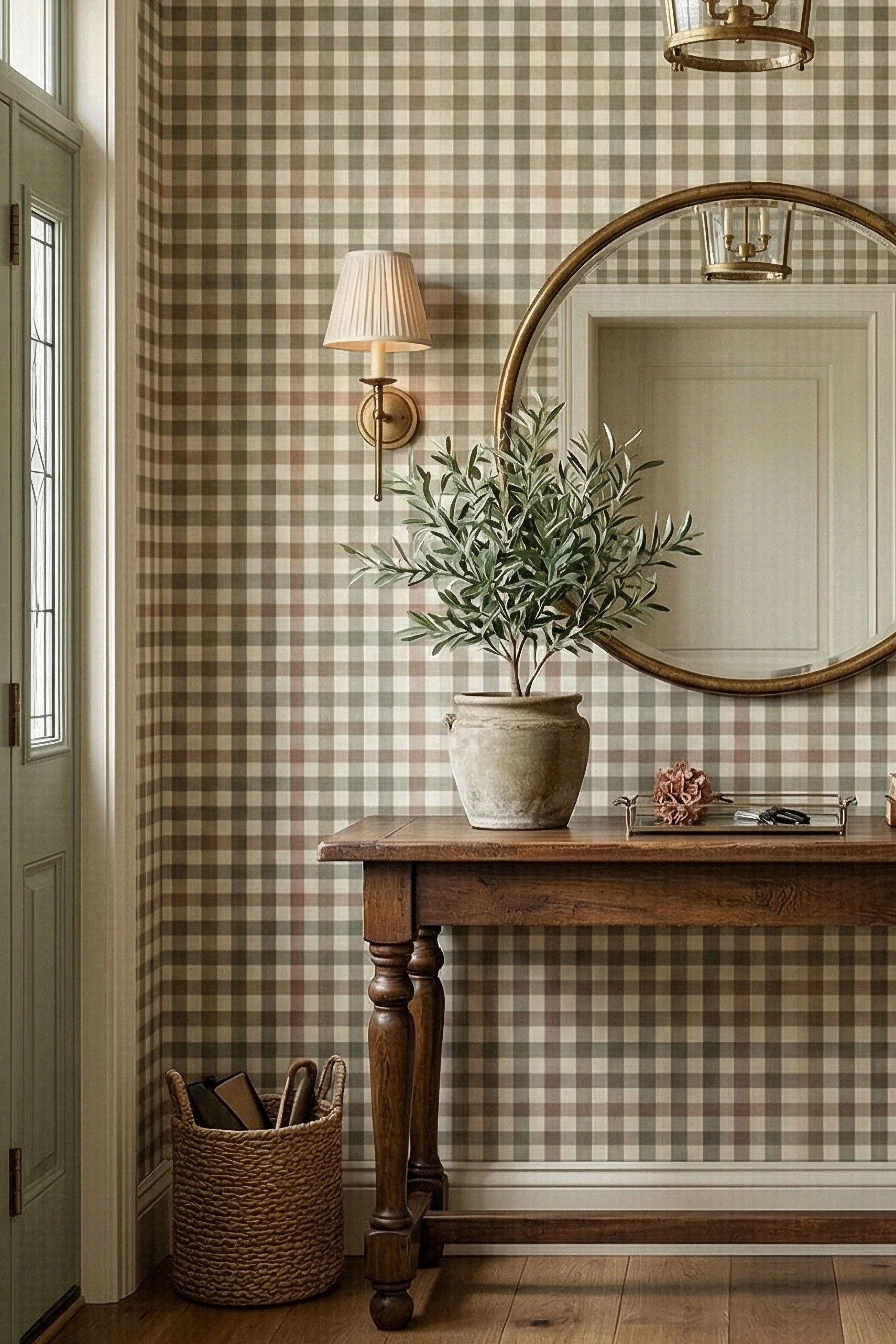 Market Gingham wallpaper shown in an entryway