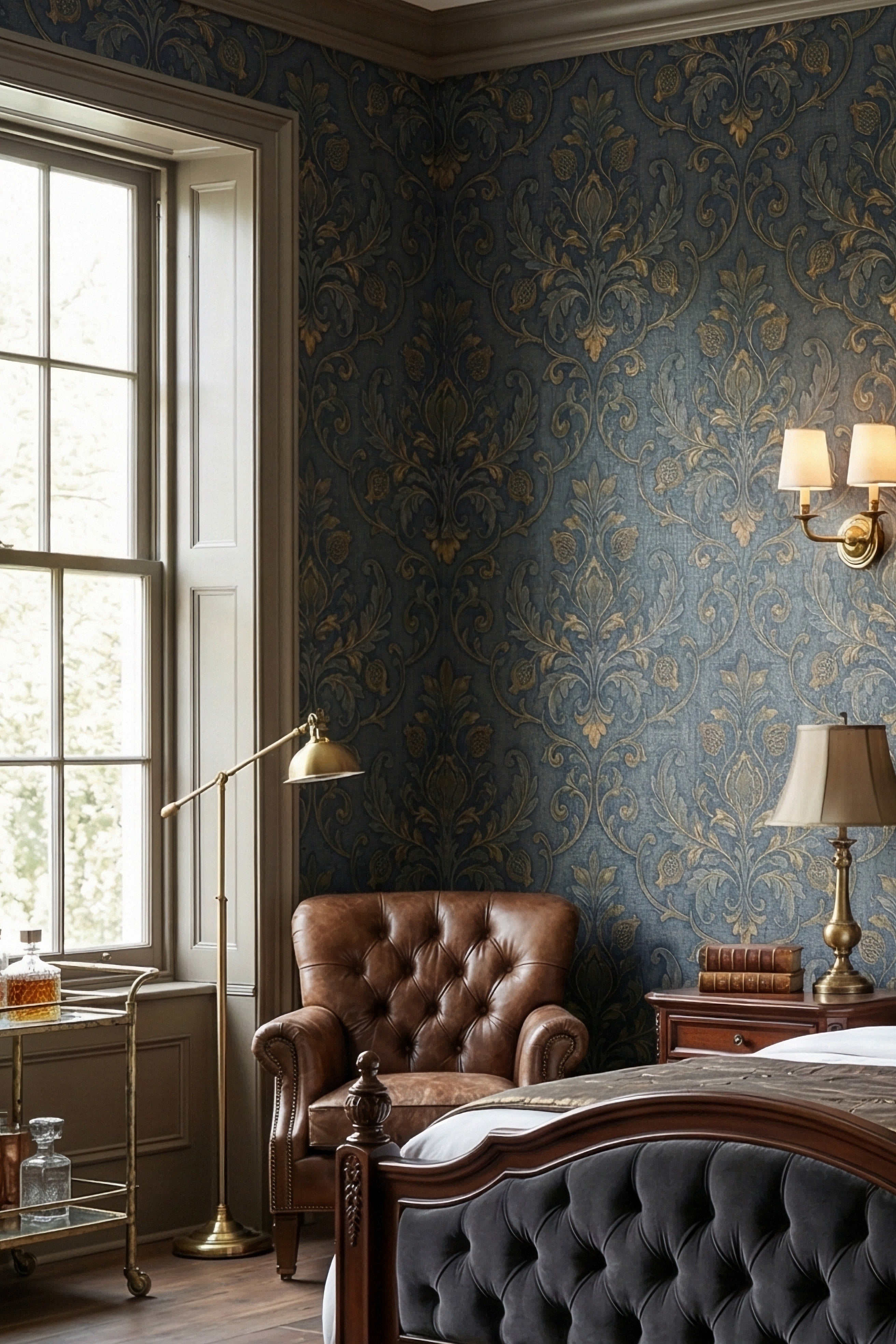 Midnight Damask wallpaper shown in a bedroom