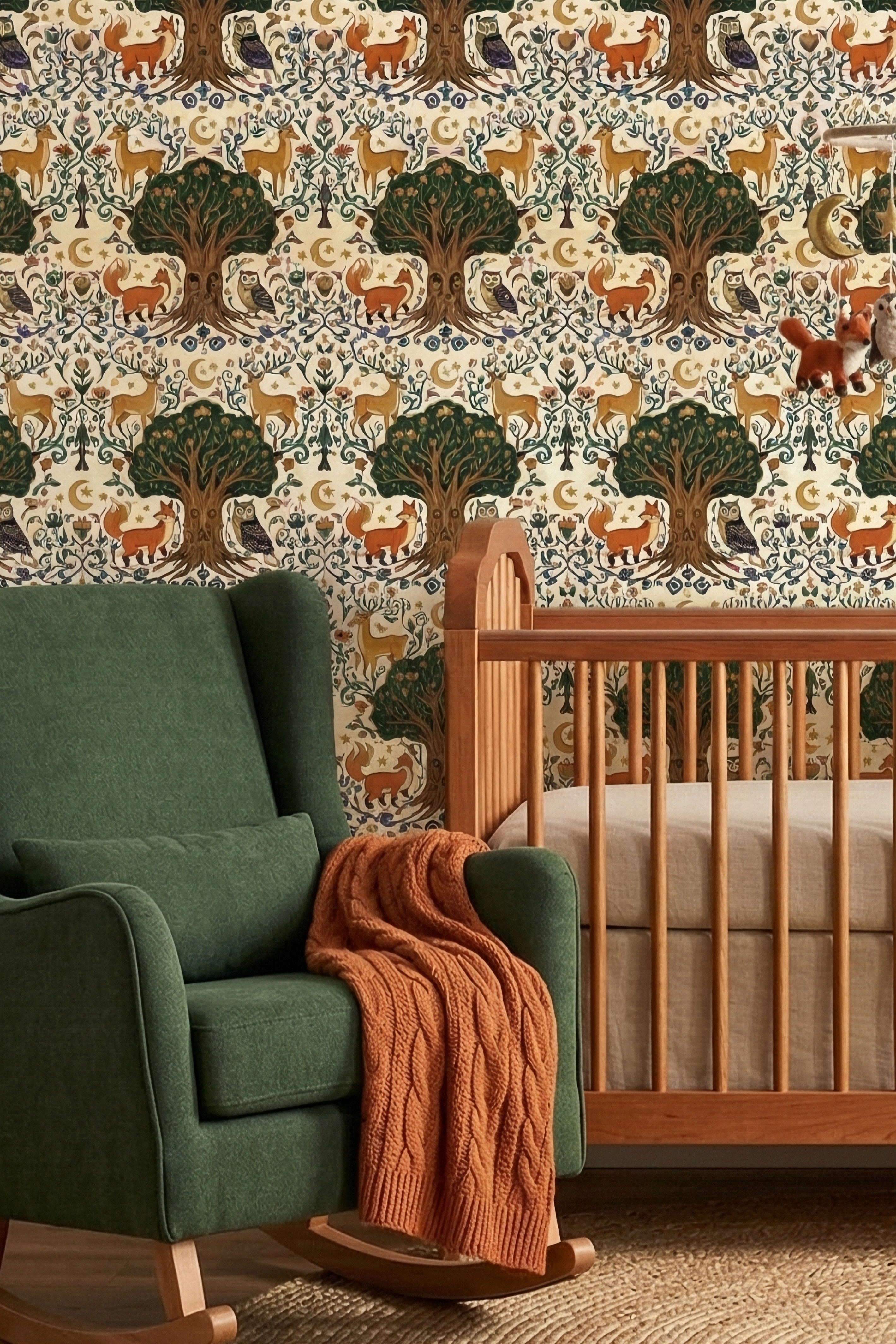 Woodland Lullaby wallpaper shown in a nursery