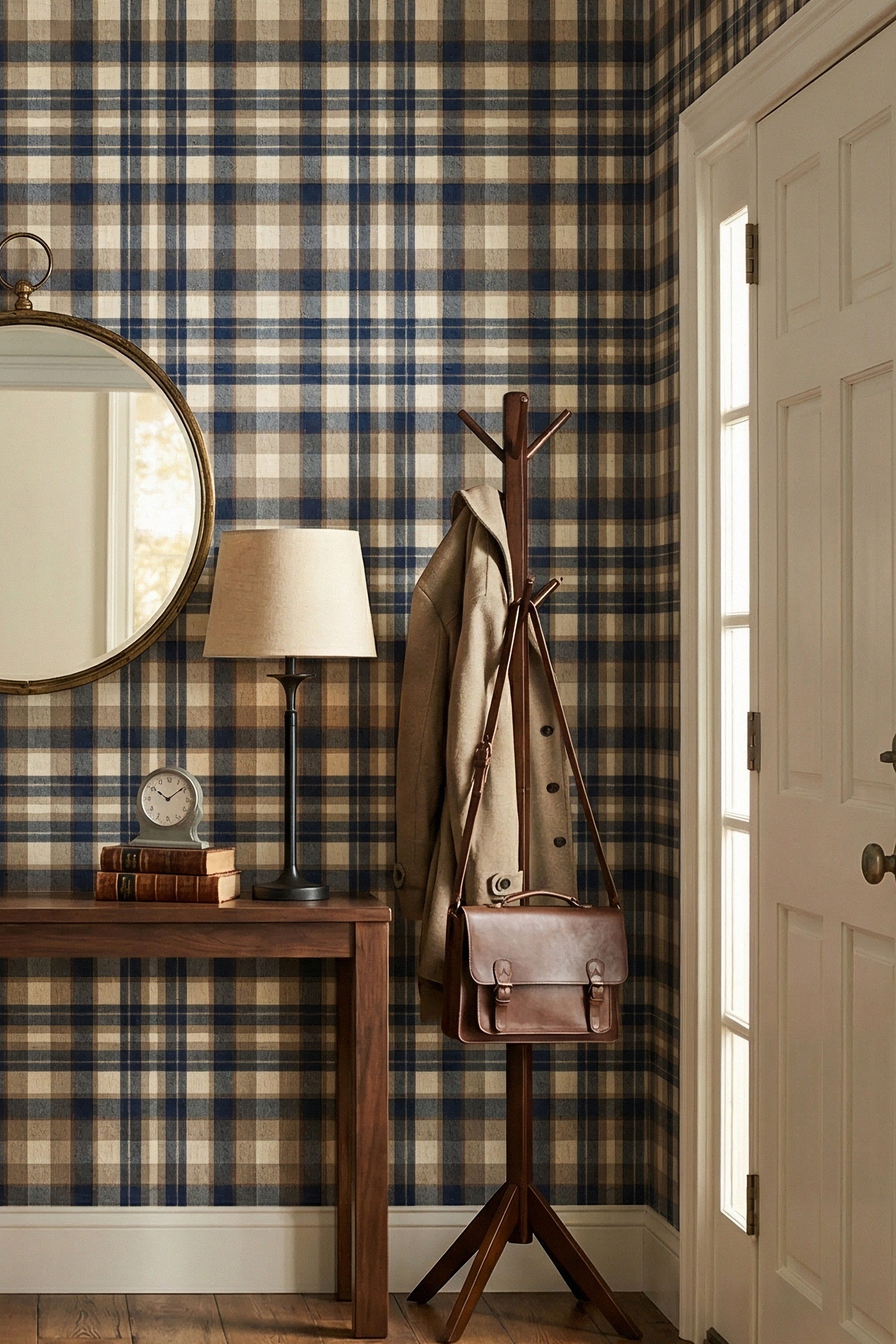 Cottage Plaid wallpaper shown in an entryway