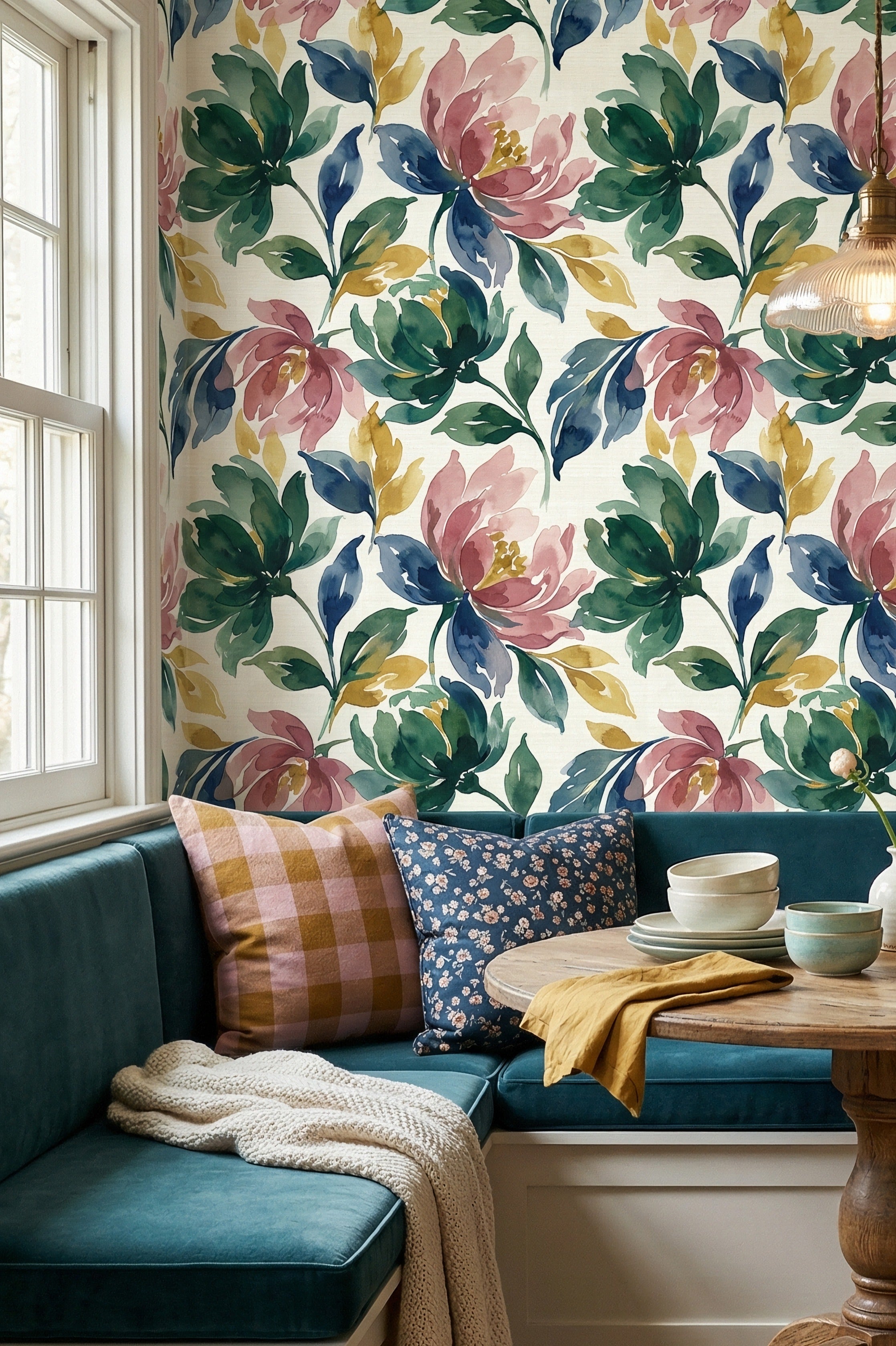 Wildflower Parade wallpaper shown in a cozy nook