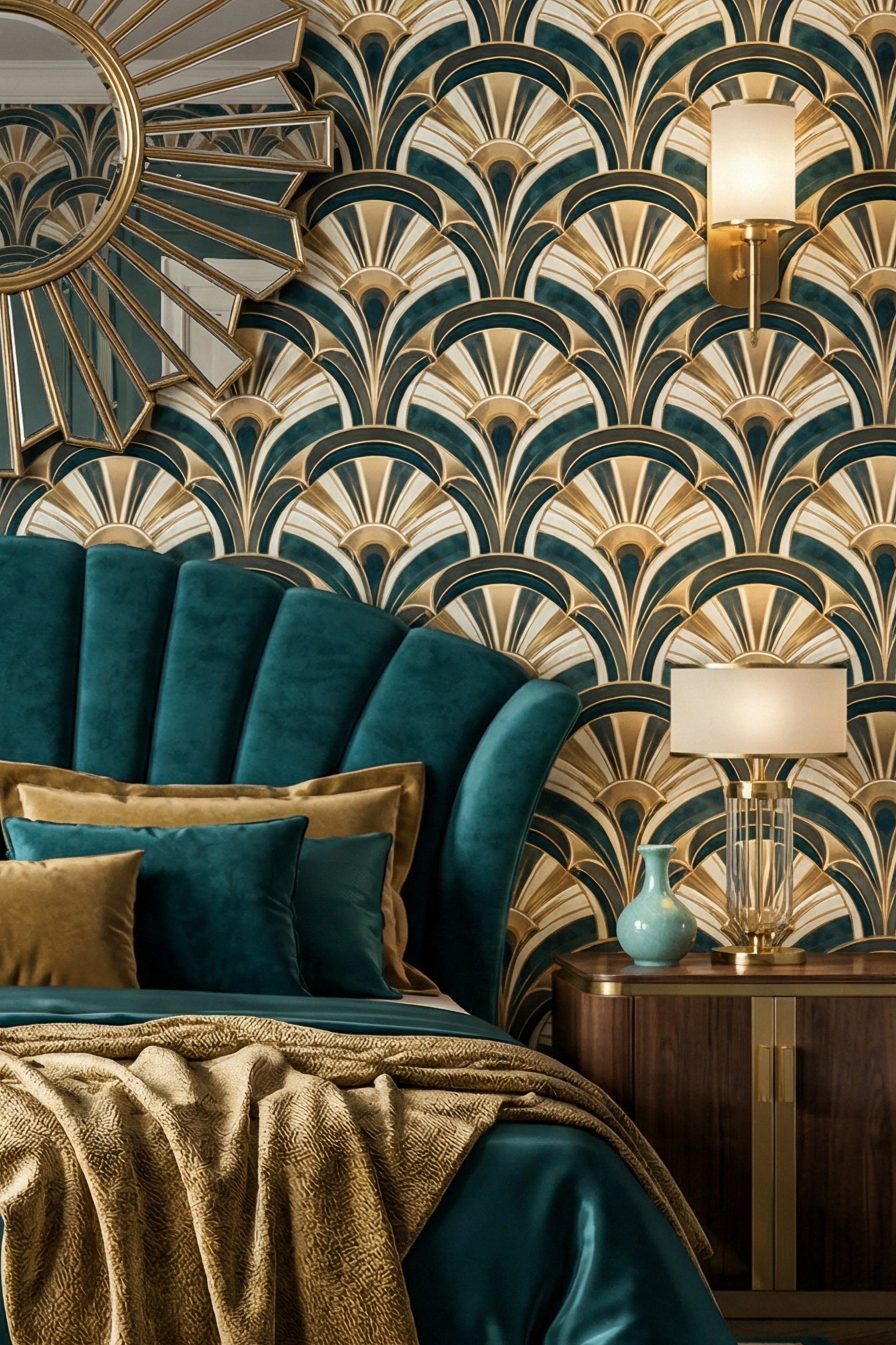 Jade Deco wallpaper shown in a bedroom