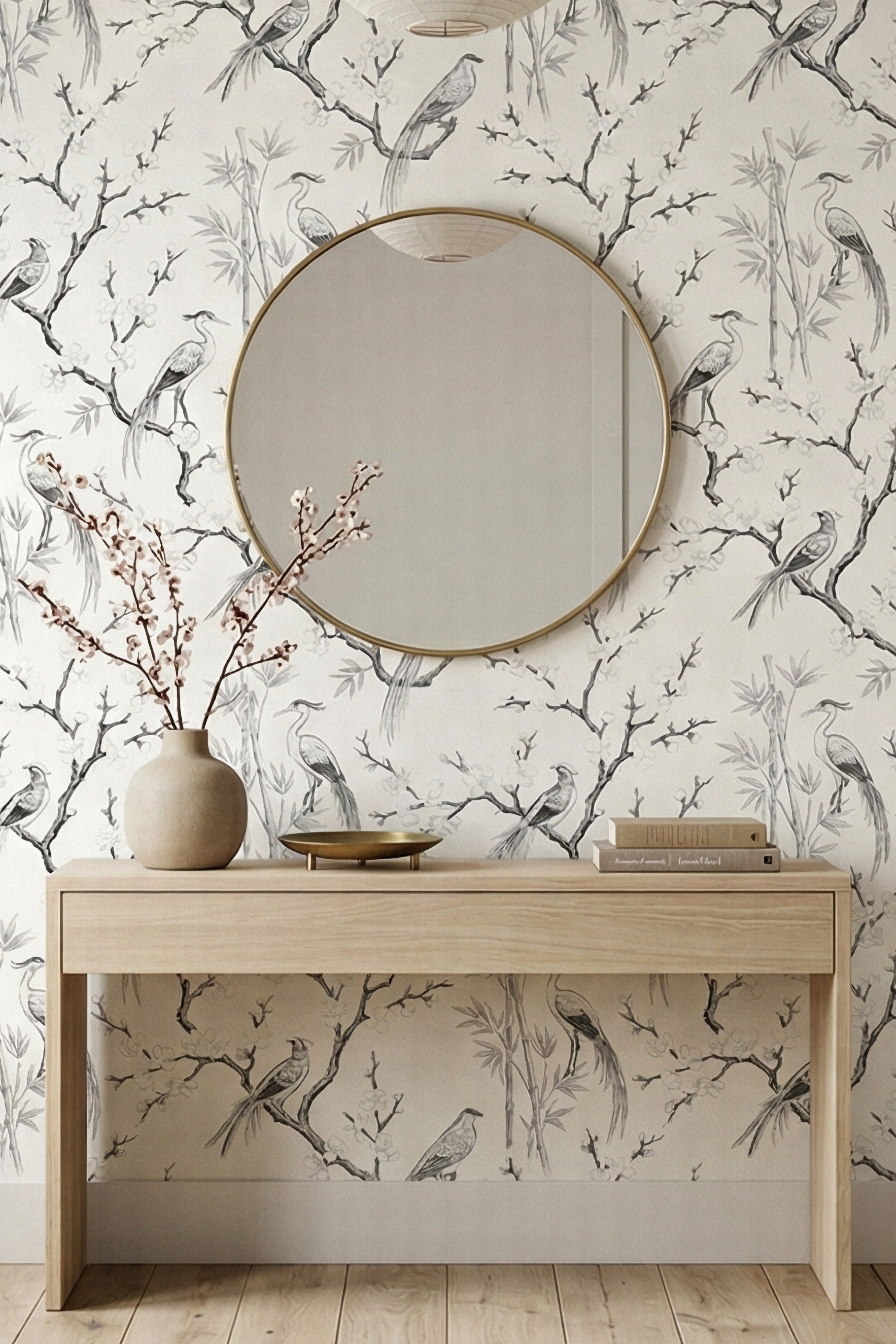 Ink Crane wallpaper shown in an entryway