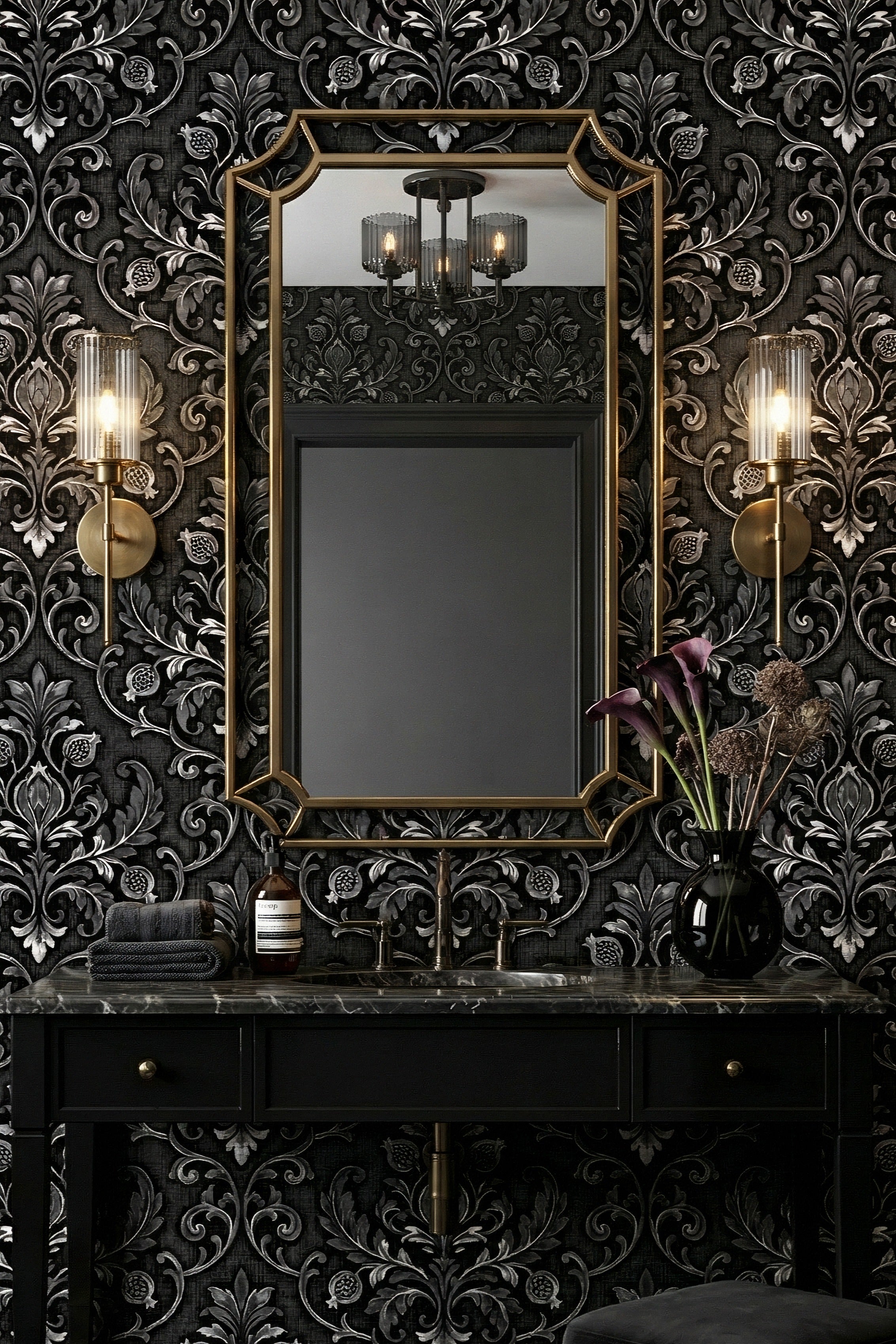 Sterling Gothic wallpaper shown in a powder room