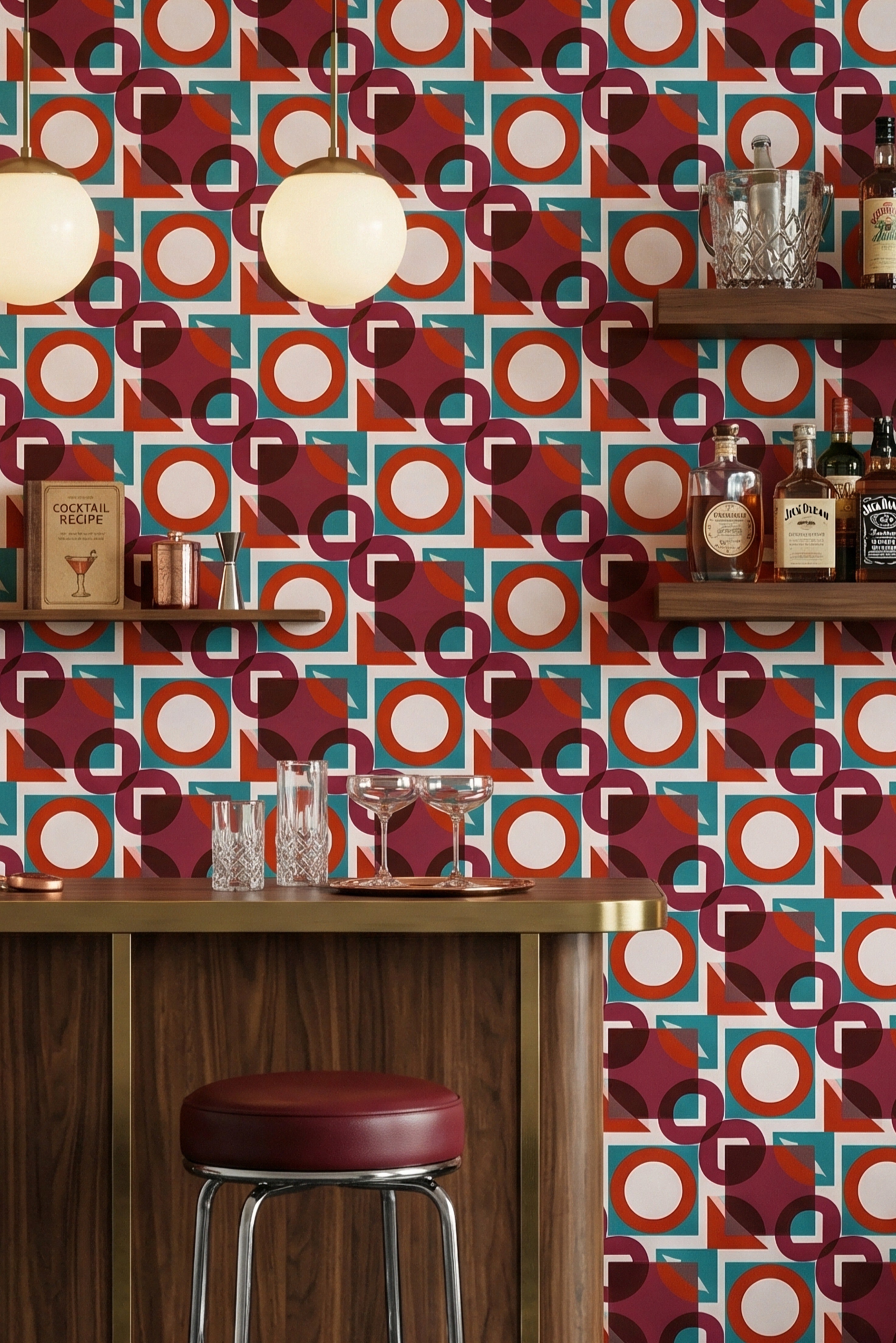 Retro Spice wallpaper shown in a home bar