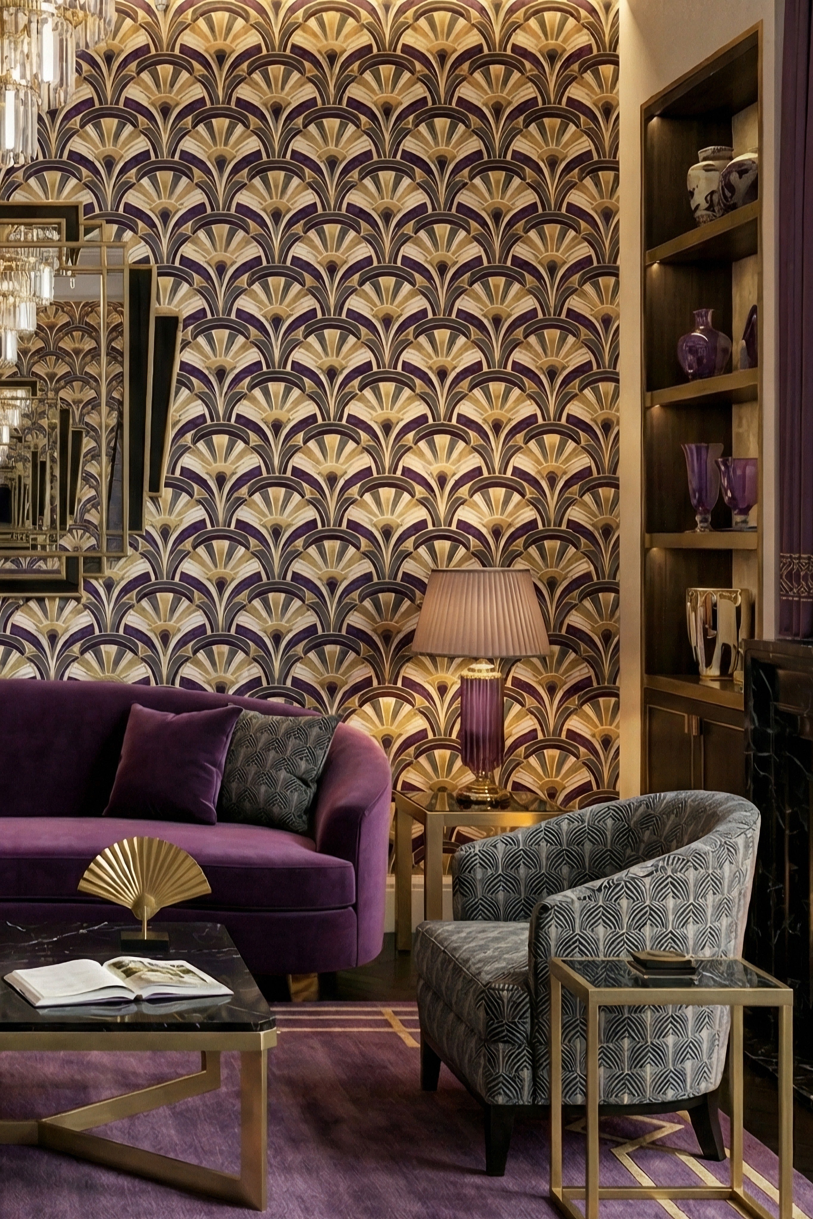 Violet Marquee wallpaper shown in a living room