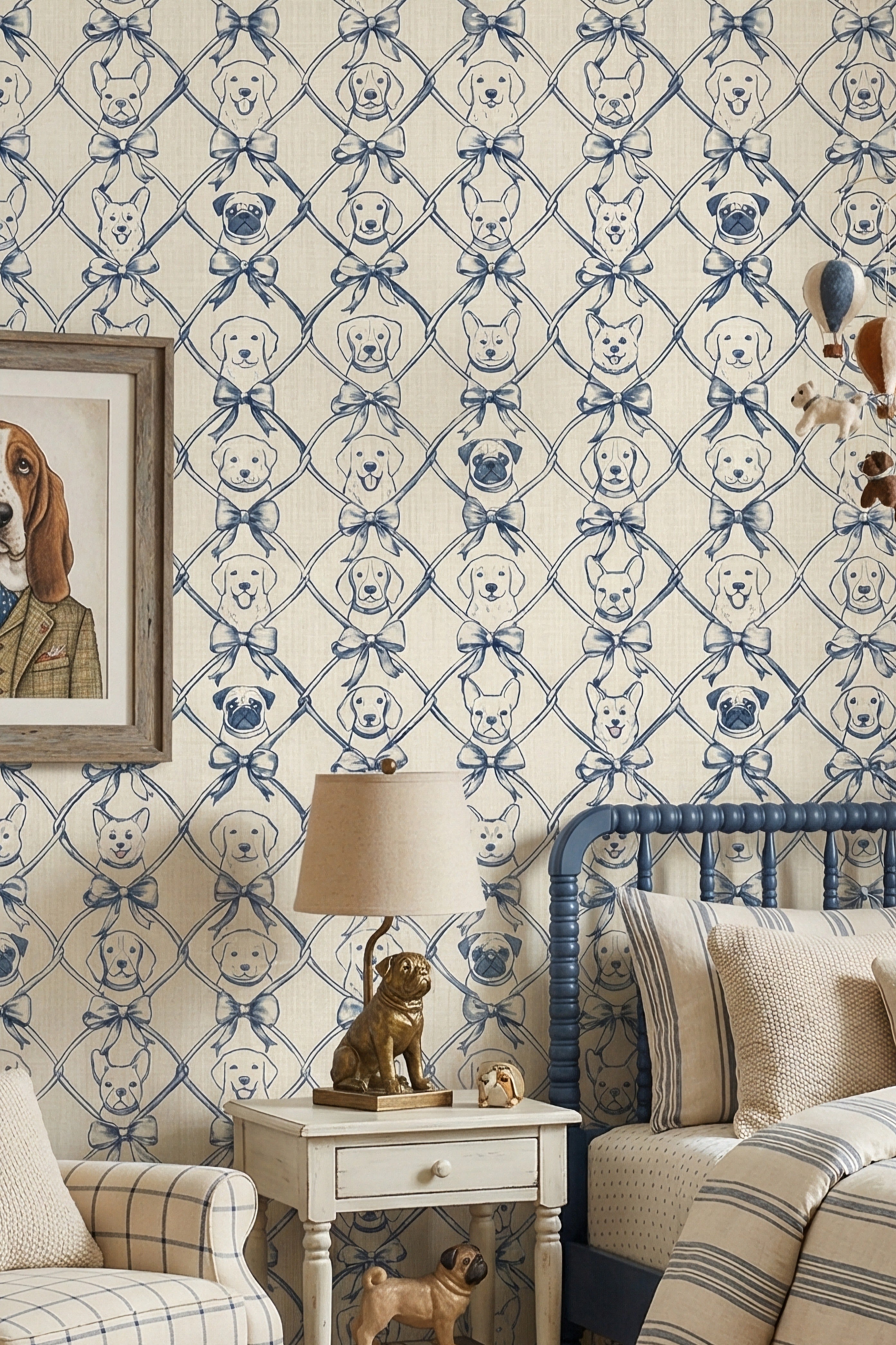 Puppy Toile wallpaper shown in a bedroom