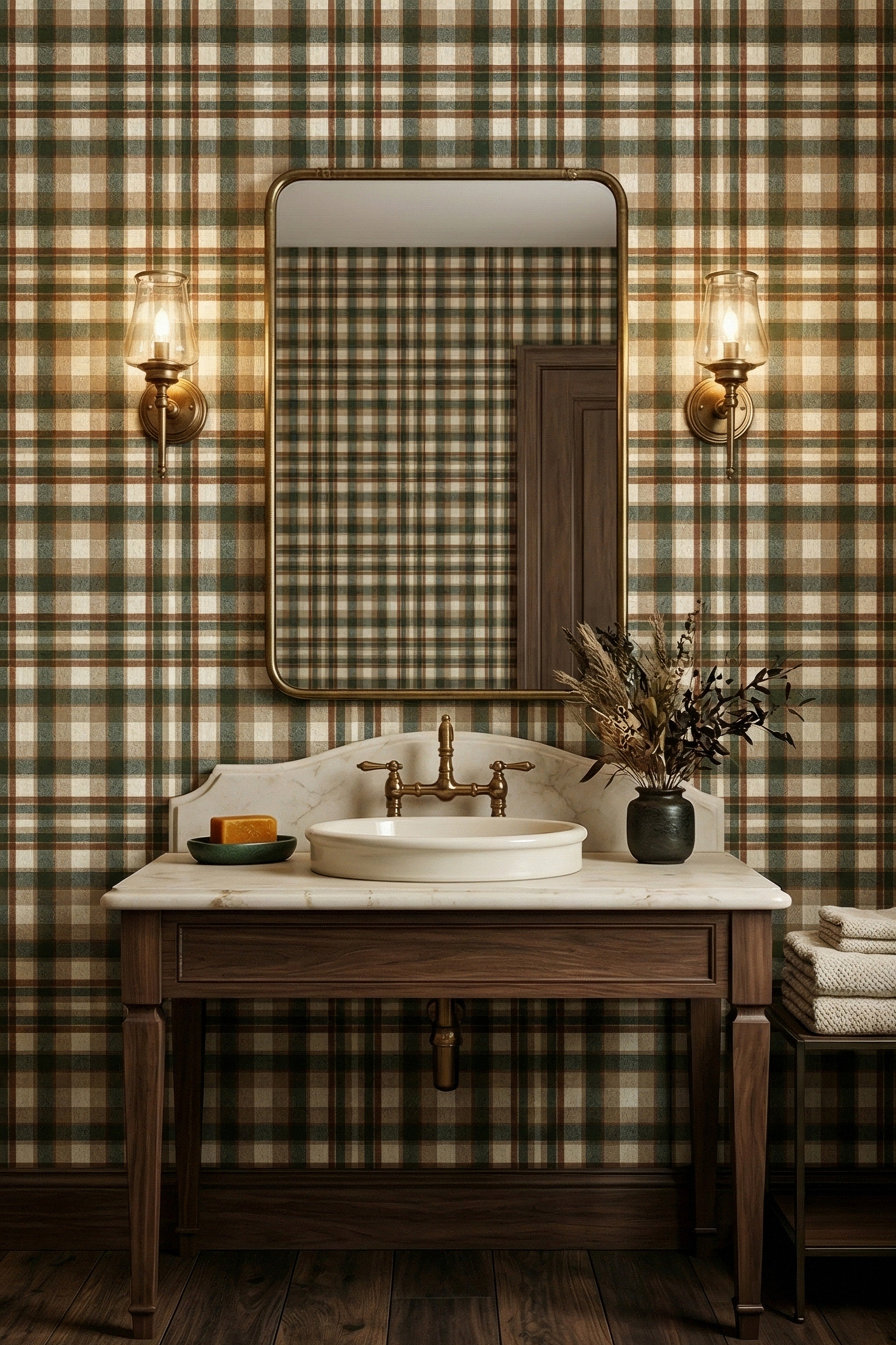 Lodge Flannel wallpaper shown in a powder room